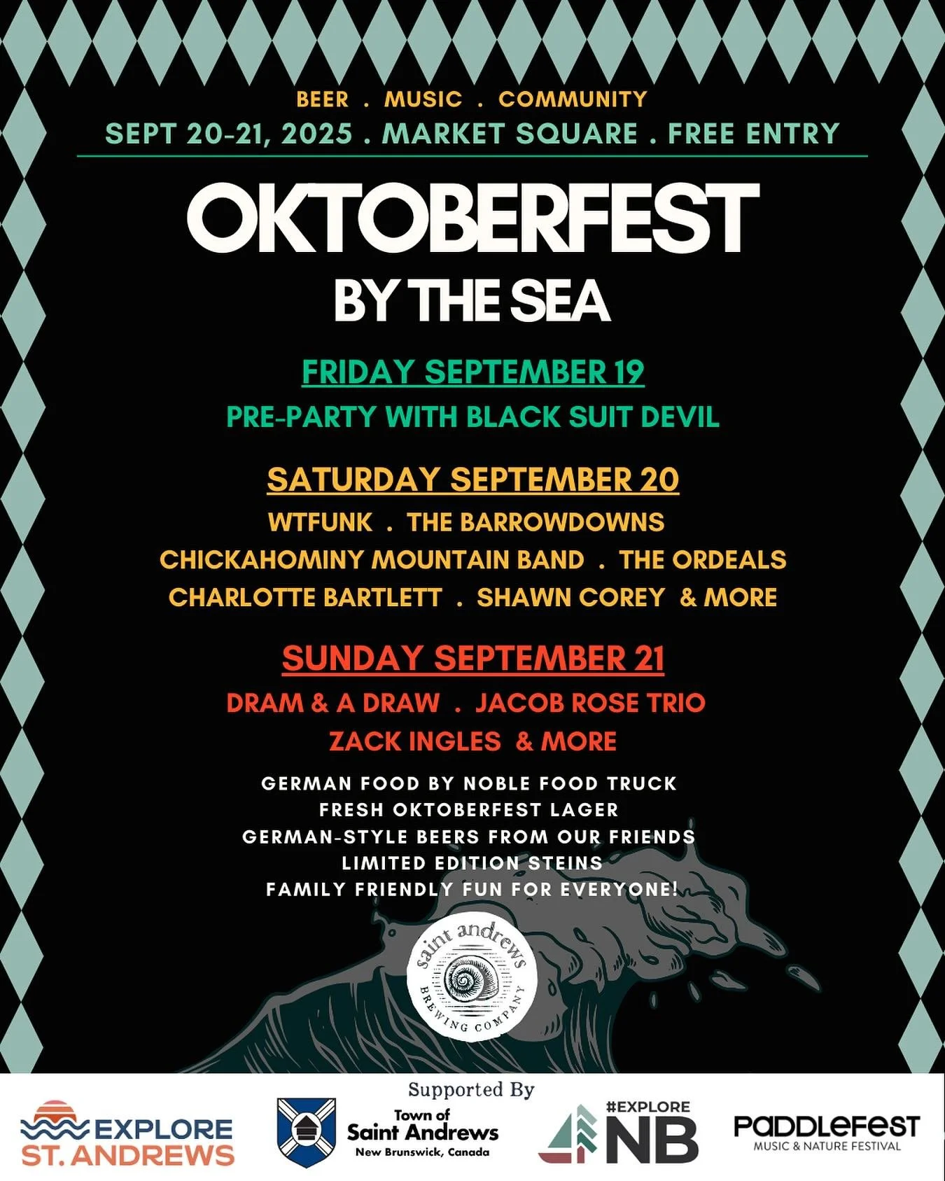 We're partnering with Saint Andrews Brewing Company to present some great free programming at Oktoberfest By-The-Sea on Saturday, September 20th and Sunday, September 21st

There's lots of Paddlefest alumni and some new acts we think everyone will en
