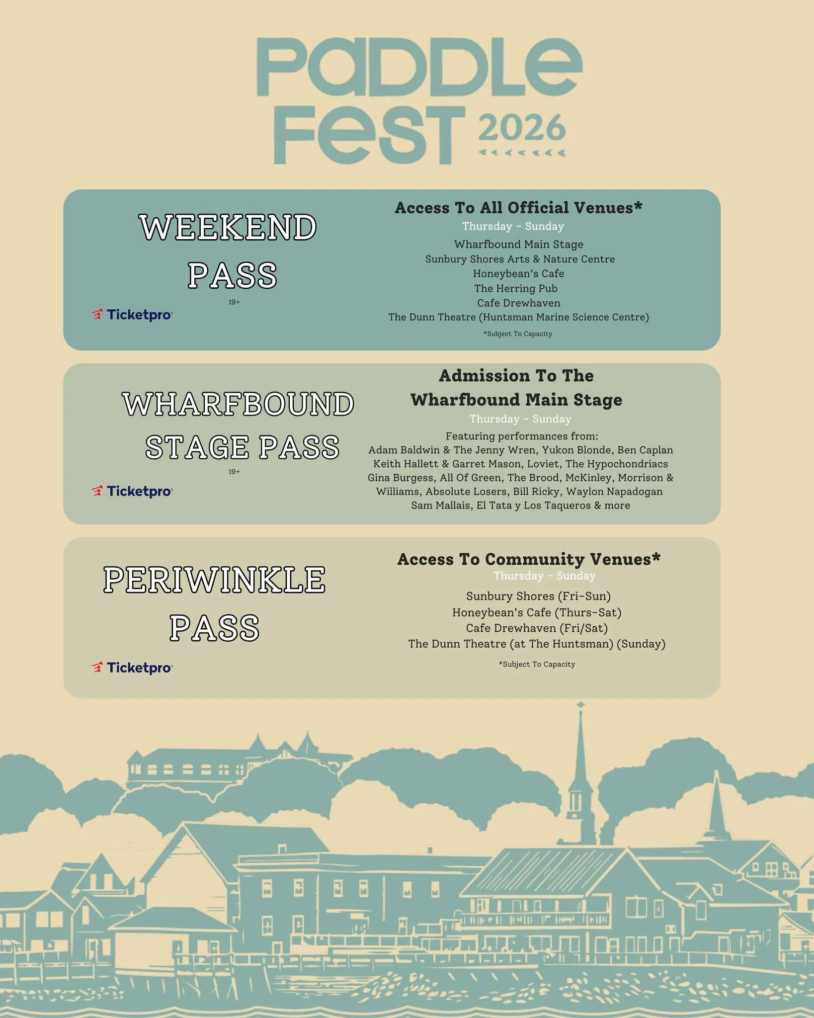 Whether you wanna take the whole festival, rock out at the Main Stage or enjoy some smaller,  intimate shows, there are a few different pass options for Paddlefest 2026 to choose from! 

Weekend Pass: Admission to All Programming (Thurs-Sun)
Wharboun