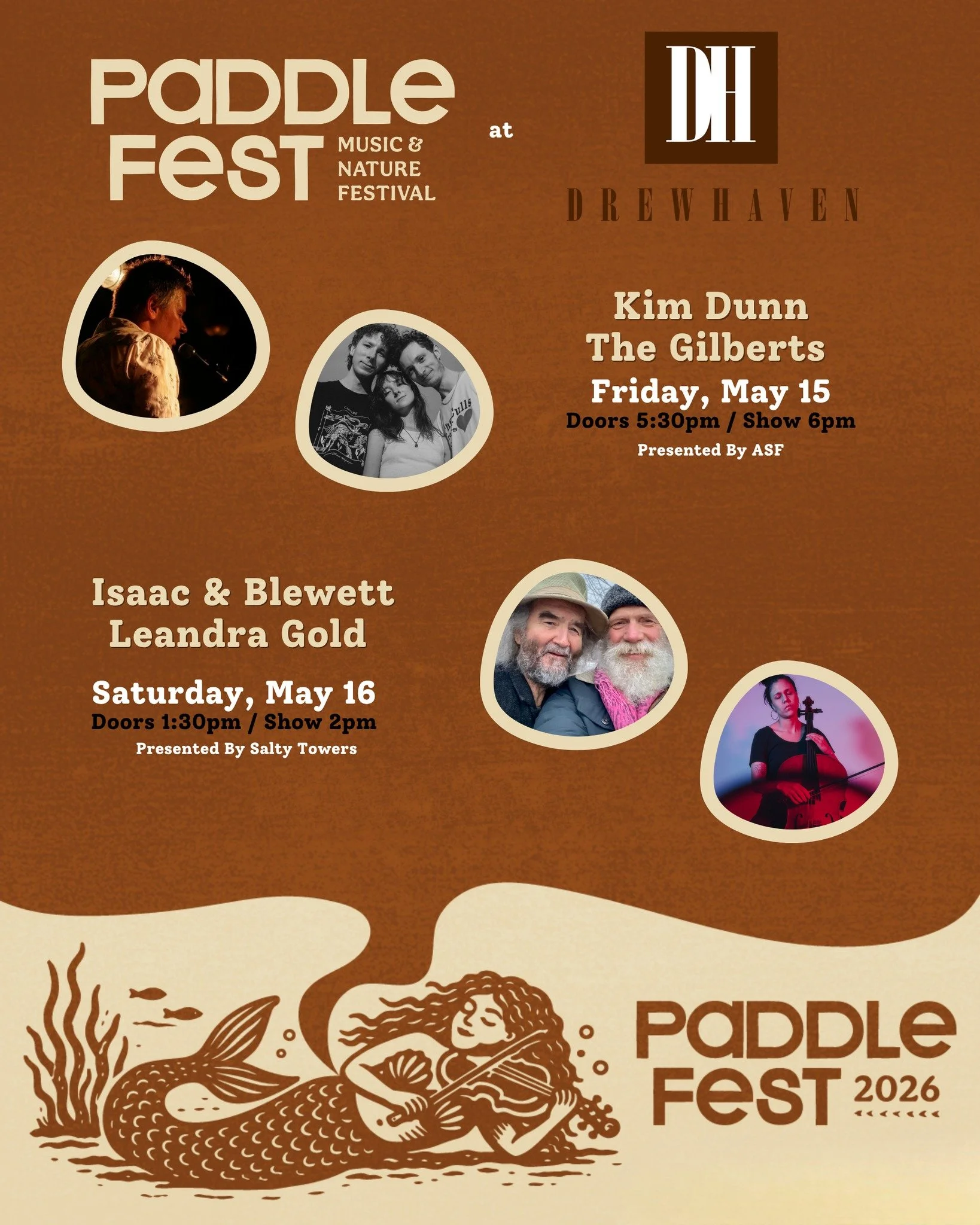 Paddlefest 2026 will feature two great shows at Drewhaven Restaurant &amp; Cafe! A blend of folk, jazz and roots music will fill the second floor of this unique event space! 

Friday, May 15th
Kim Dunn
The Gilberts
6pm

Saturday, May 16th
Isaac &amp;