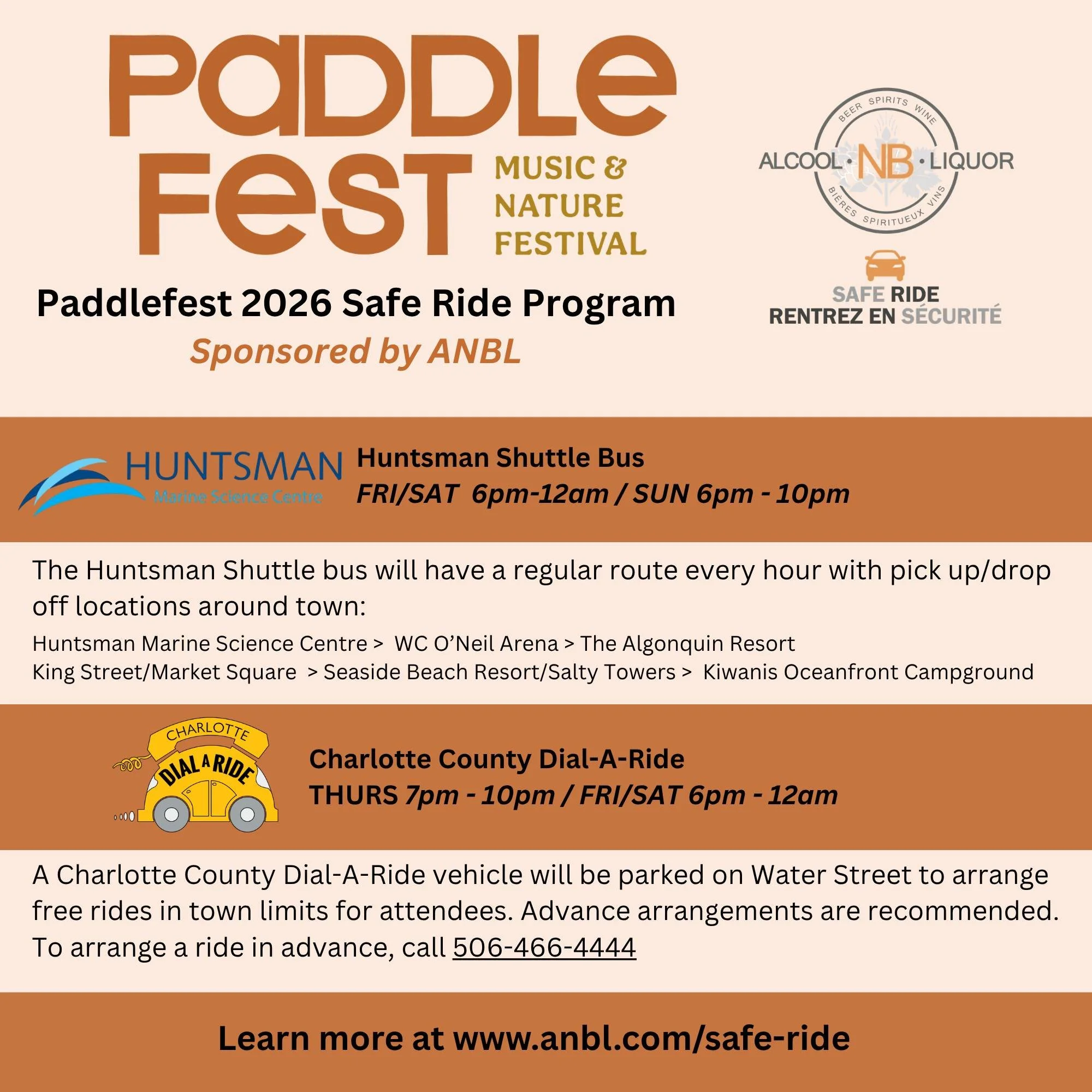 No Need to Paddle Home during Paddlefest!

We have partnered with Alcool NB Liquor  to offer Safe Ride options during the festival.  Look for the ANBL Safe Ride Booth in Market Square and plan to get yourself and your crew home safely! #Paddlefest202