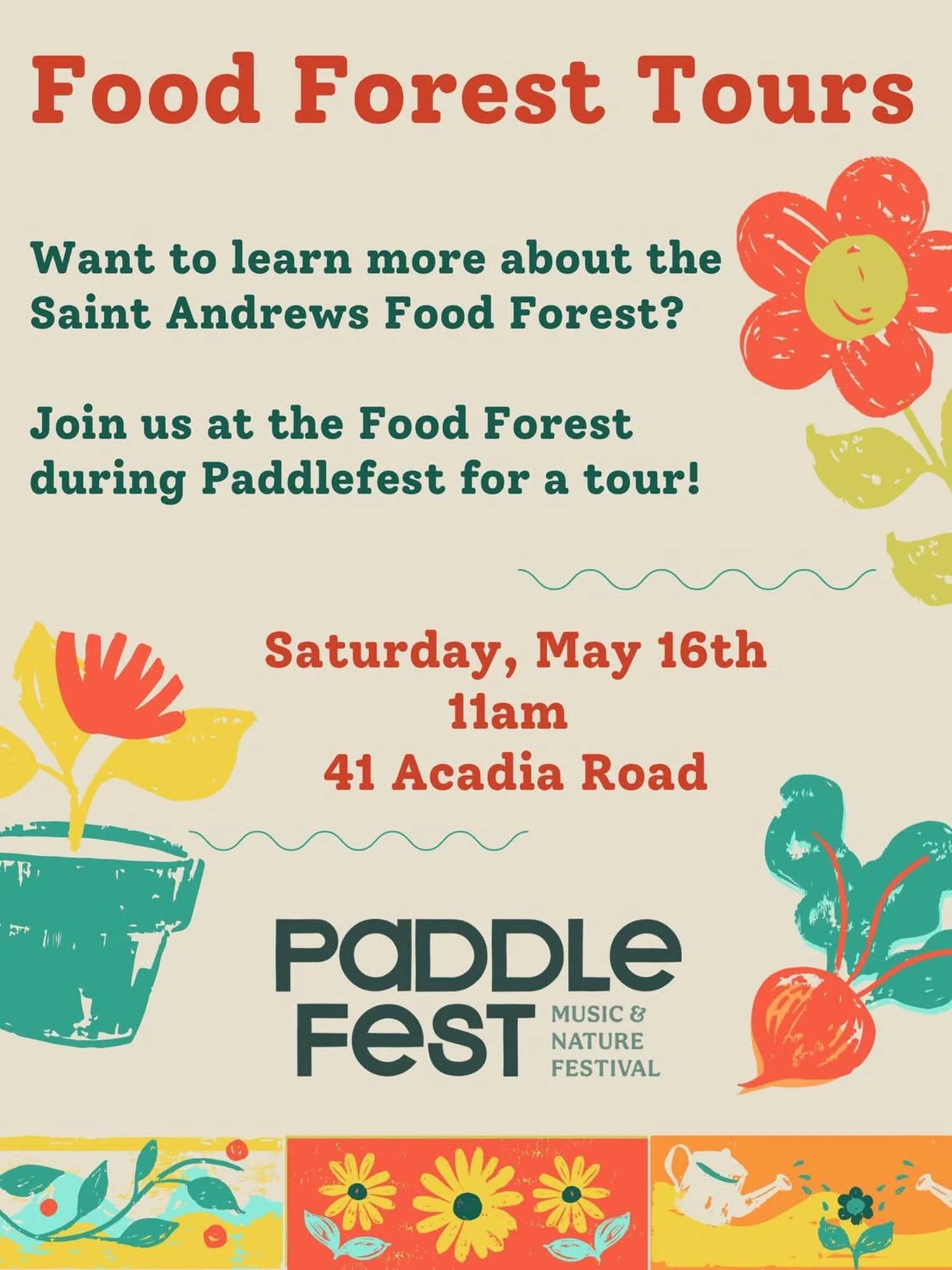 Take a tour of the Saint Andrews Food Forest during Paddlefest!

These tours are an opportunity to take a look at the progress of the Food Forest, learn about what their team of volunteers are working on and find out how to get involved!