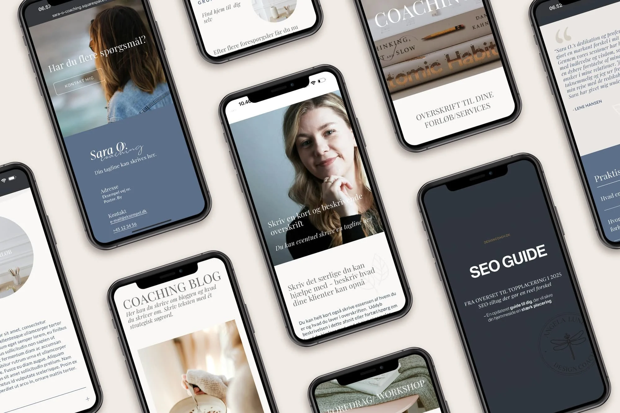 Flere smartphones med hjemmesider og blogs i forskellige designs, herunder coaching, SEO guide, og portræt af en kvinde.
