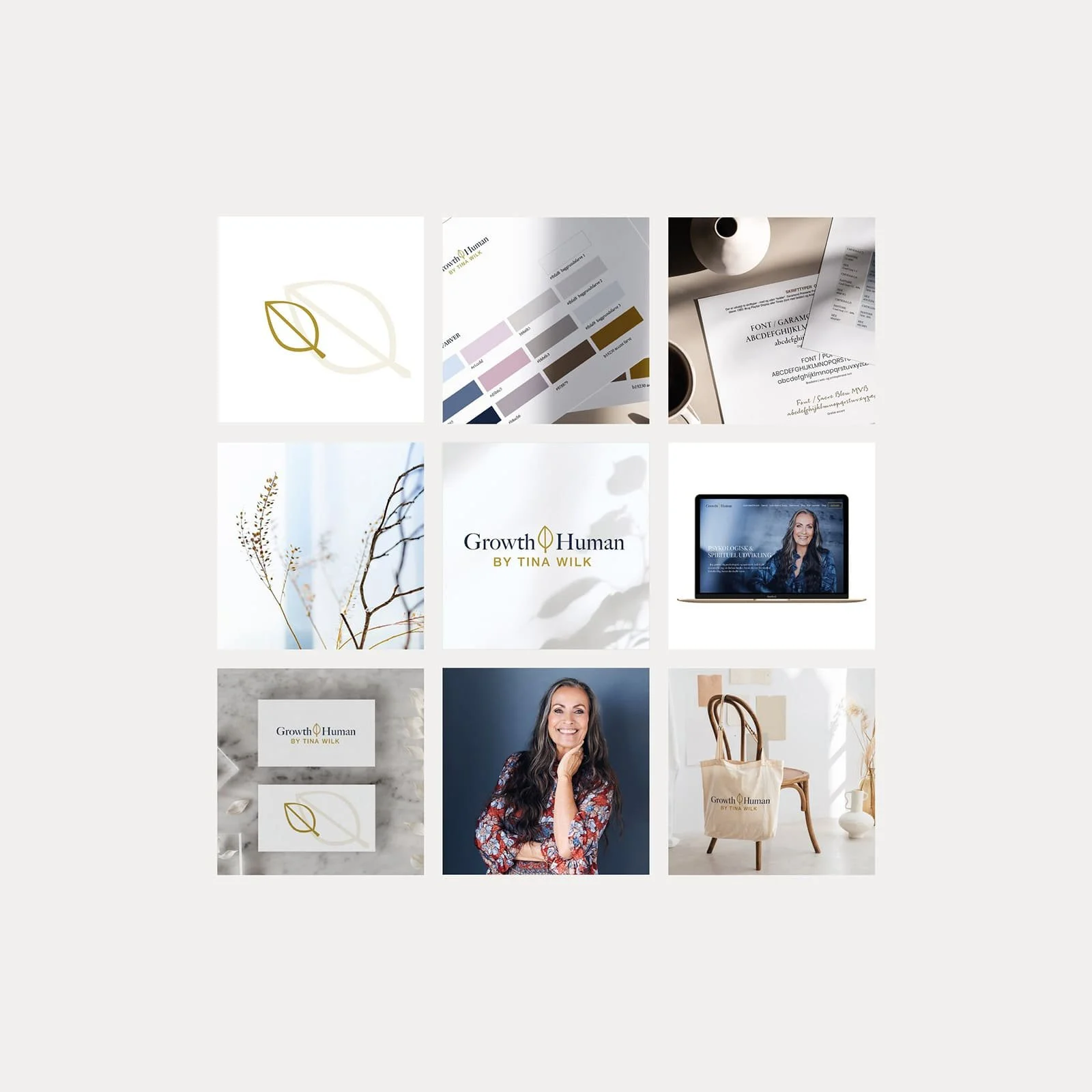 Visuel identitet og Squarespace webdesign eksempel for Tina Wilk