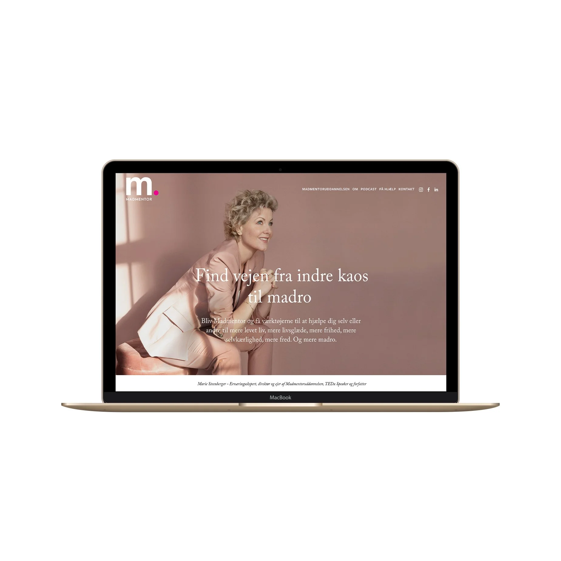 Webdesign udarbejdet for Marie Steenberger - eksempel vidt på laptop 
