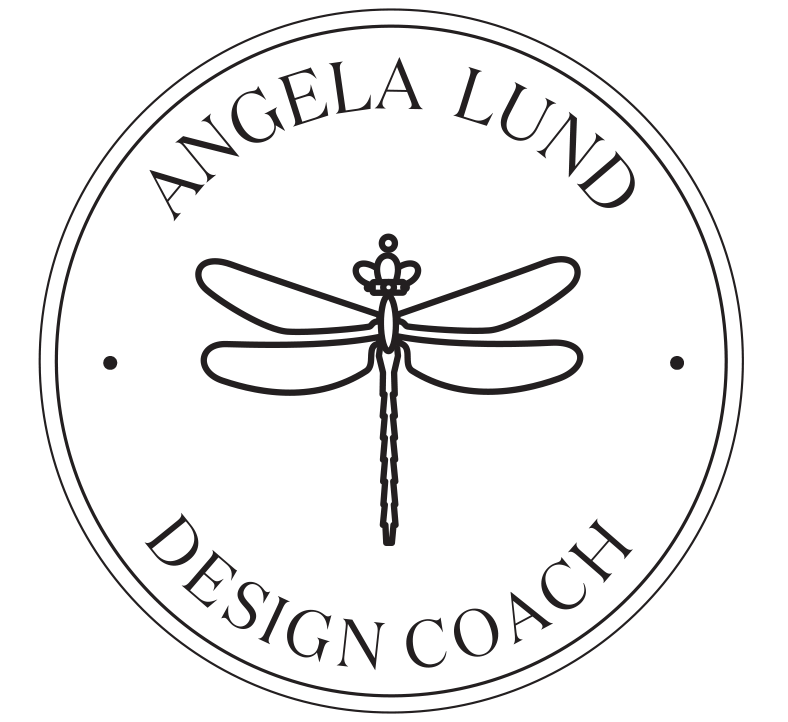 A circular logo with a dragonfly illustration in the center. The logo contains the text 'Angela Lund' at the top and 'Design Coach' at the bottom.