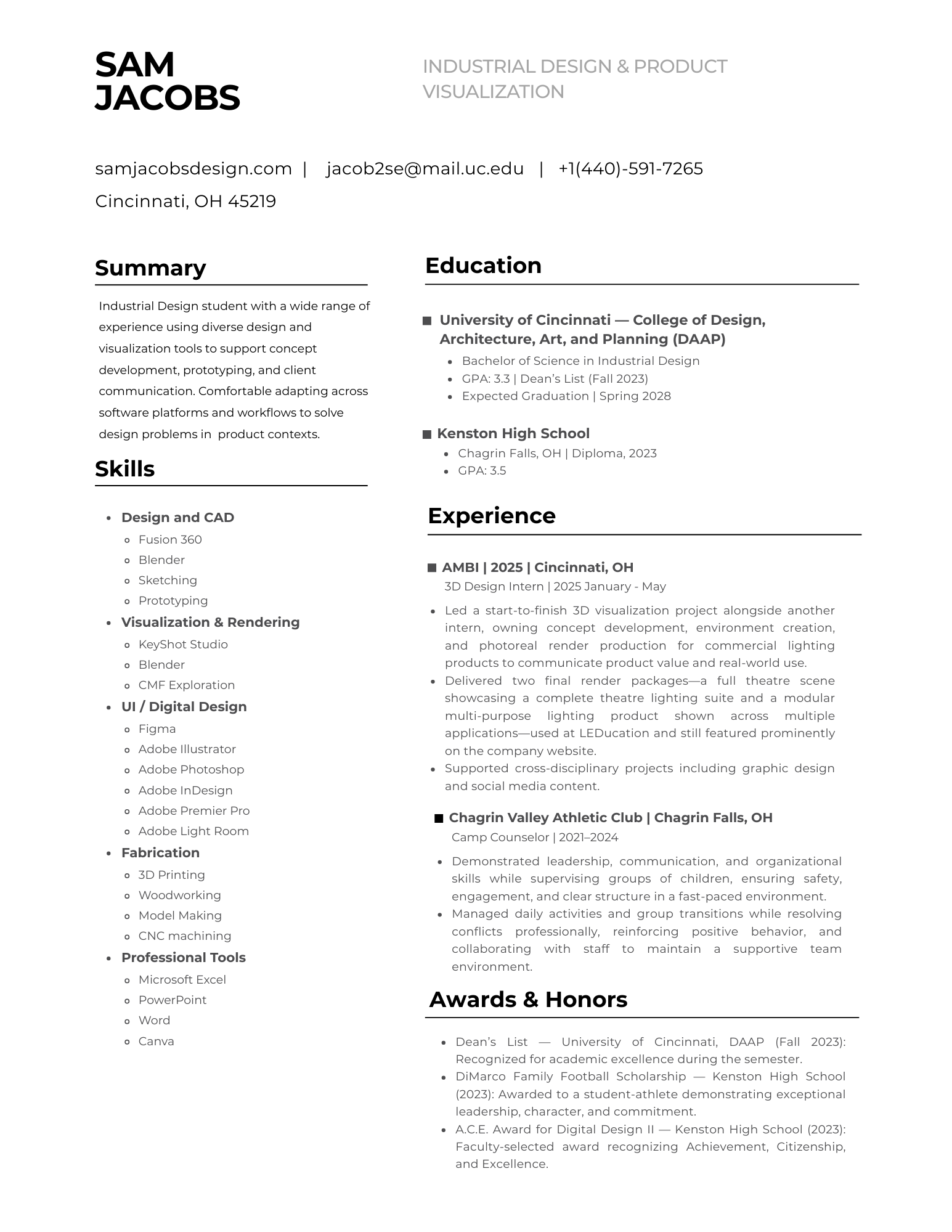 Resume for Sam Jacobs with sections for Summary, Skills, Education, Experience, and Awards & Honors.