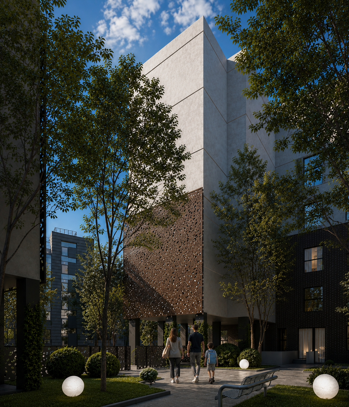 Brooklyn, New York, 2021. Mature street trees frame the corner and soften the clean lines of the restored facade.