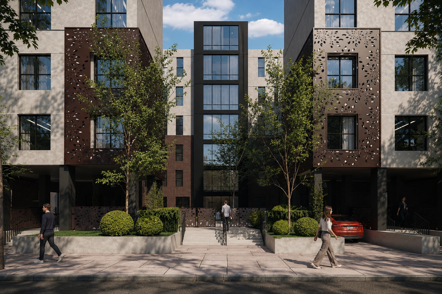 Brooklyn, New York, 2021. The renovated brick facade and fresh street plantings give the building a warm, established presence on the block.