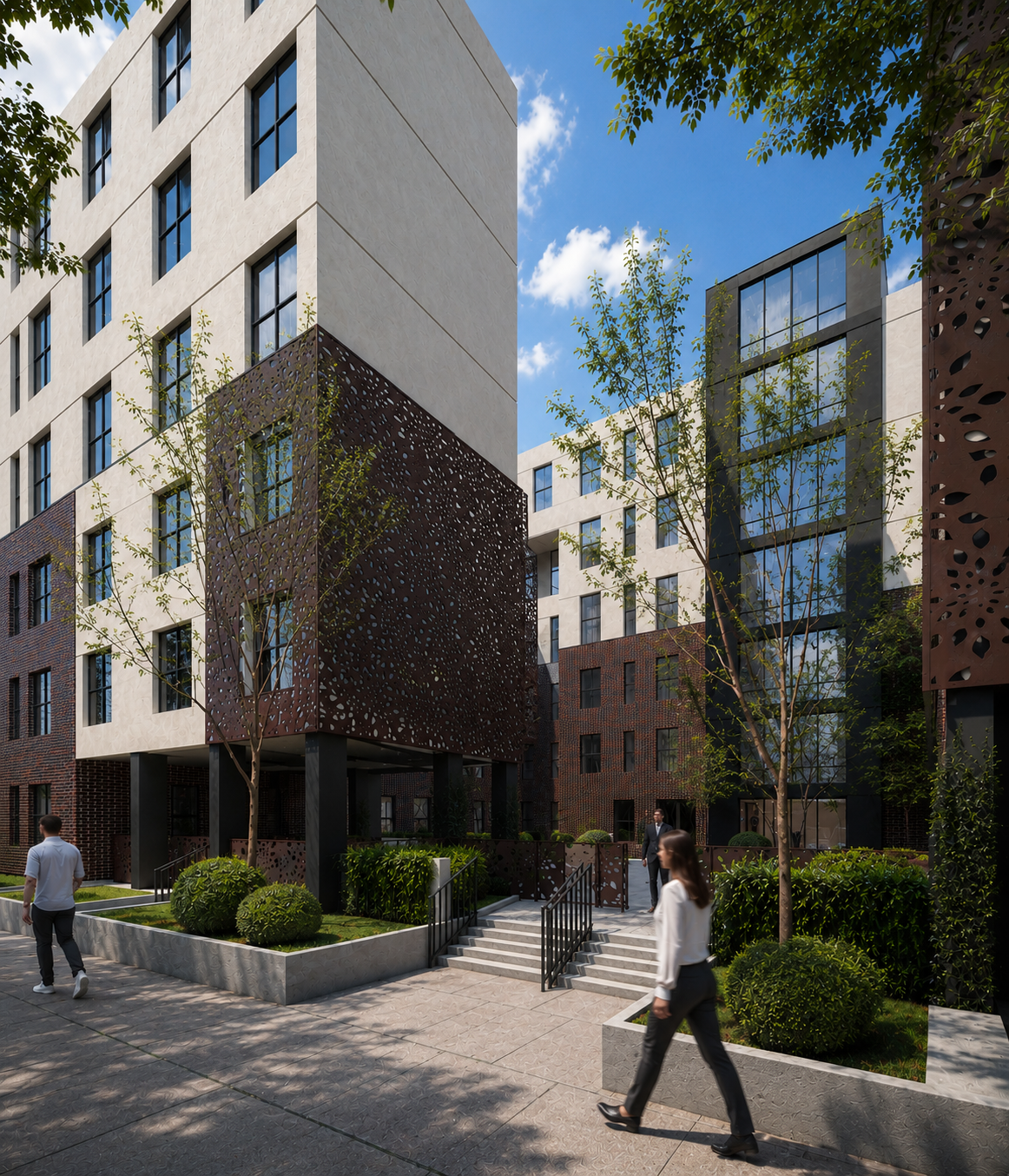 Brooklyn, New York, 2021. Looking toward the entry, the updated exterior and landscaped walkway create an inviting approach for residents.