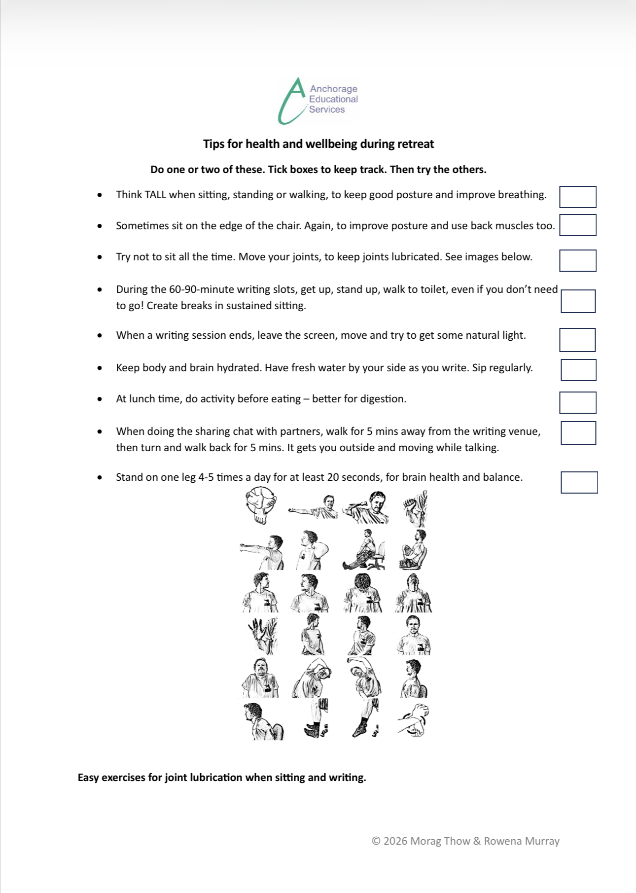 A document titled 'Tips for health and wellbeing during retreat' from Anchorage Educational Services. It includes a list of health tips with checkboxes, and illustrations of exercises for joint lubrication and balance.