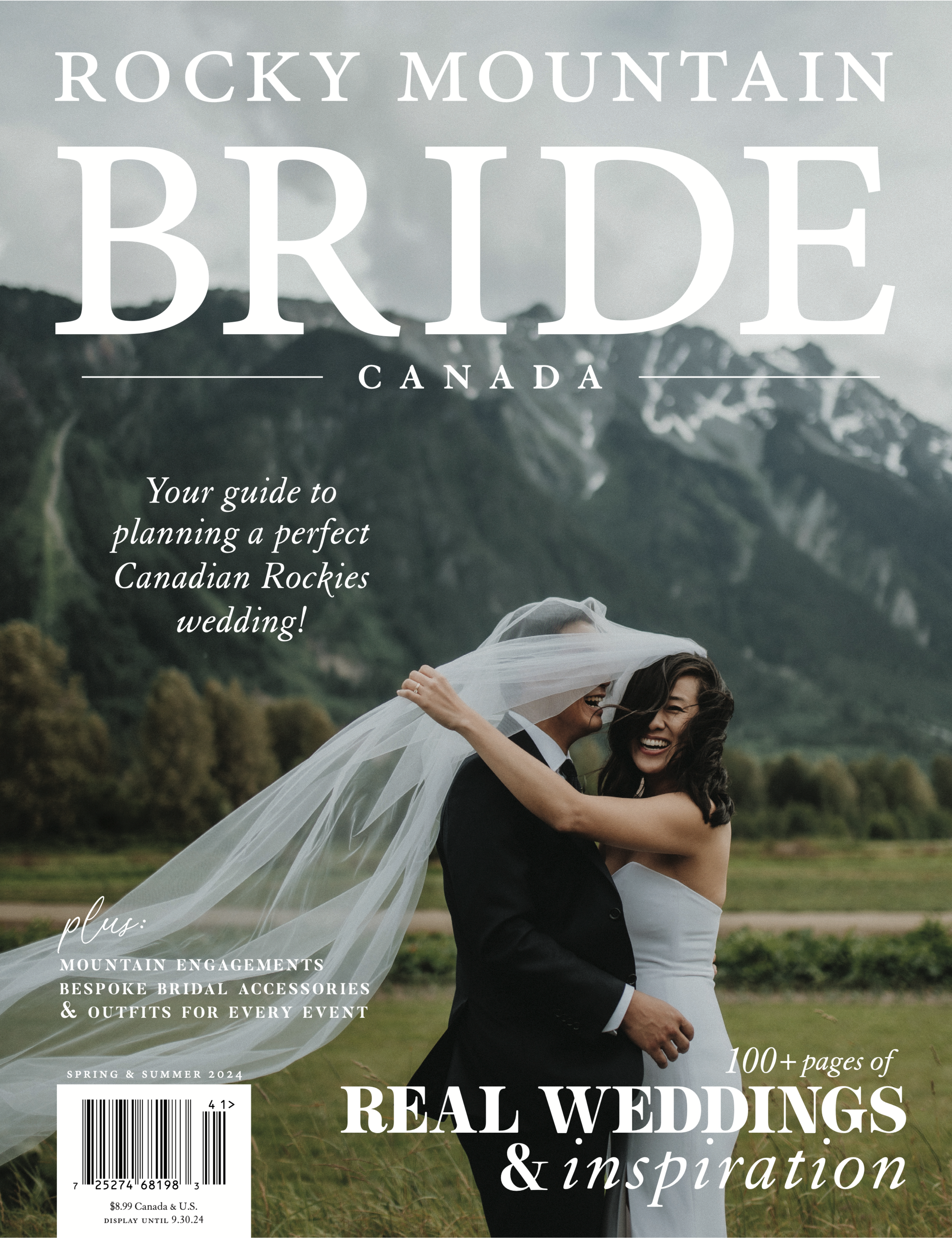 Magazine cover featuring a happy bride and groom in wedding attire, embracing outdoors with mountains in the background. Text promotes planning Canadian Rocky Mountain weddings, including engagements and accessories, with a focus on real weddings and inspiration.