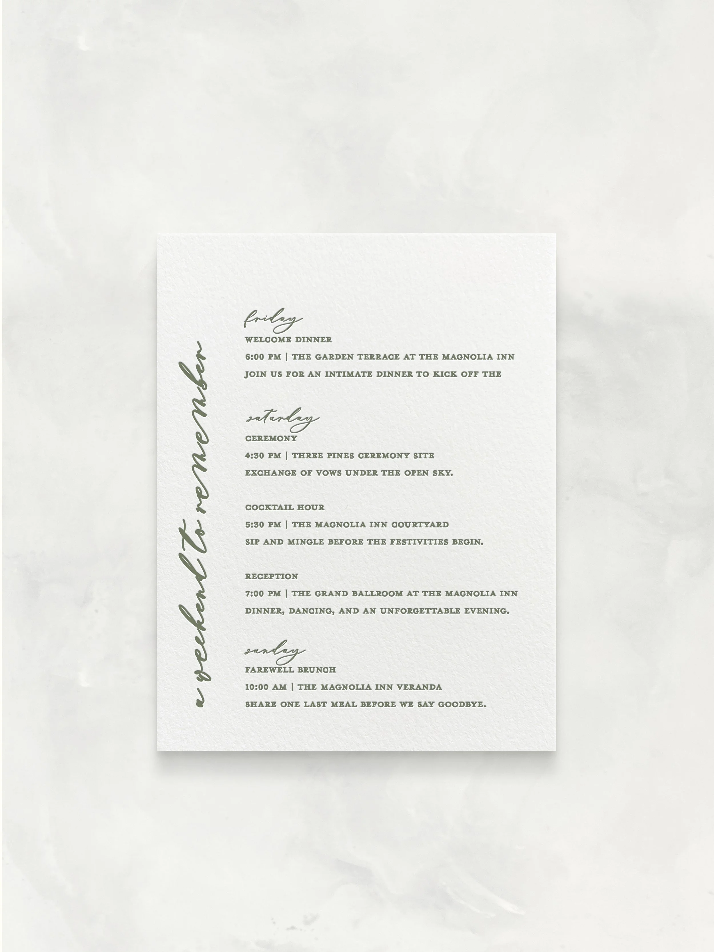 Wedding schedule on a white textured paper with elegant handwriting font for the date, and a list of events in a serif font, on a white background.