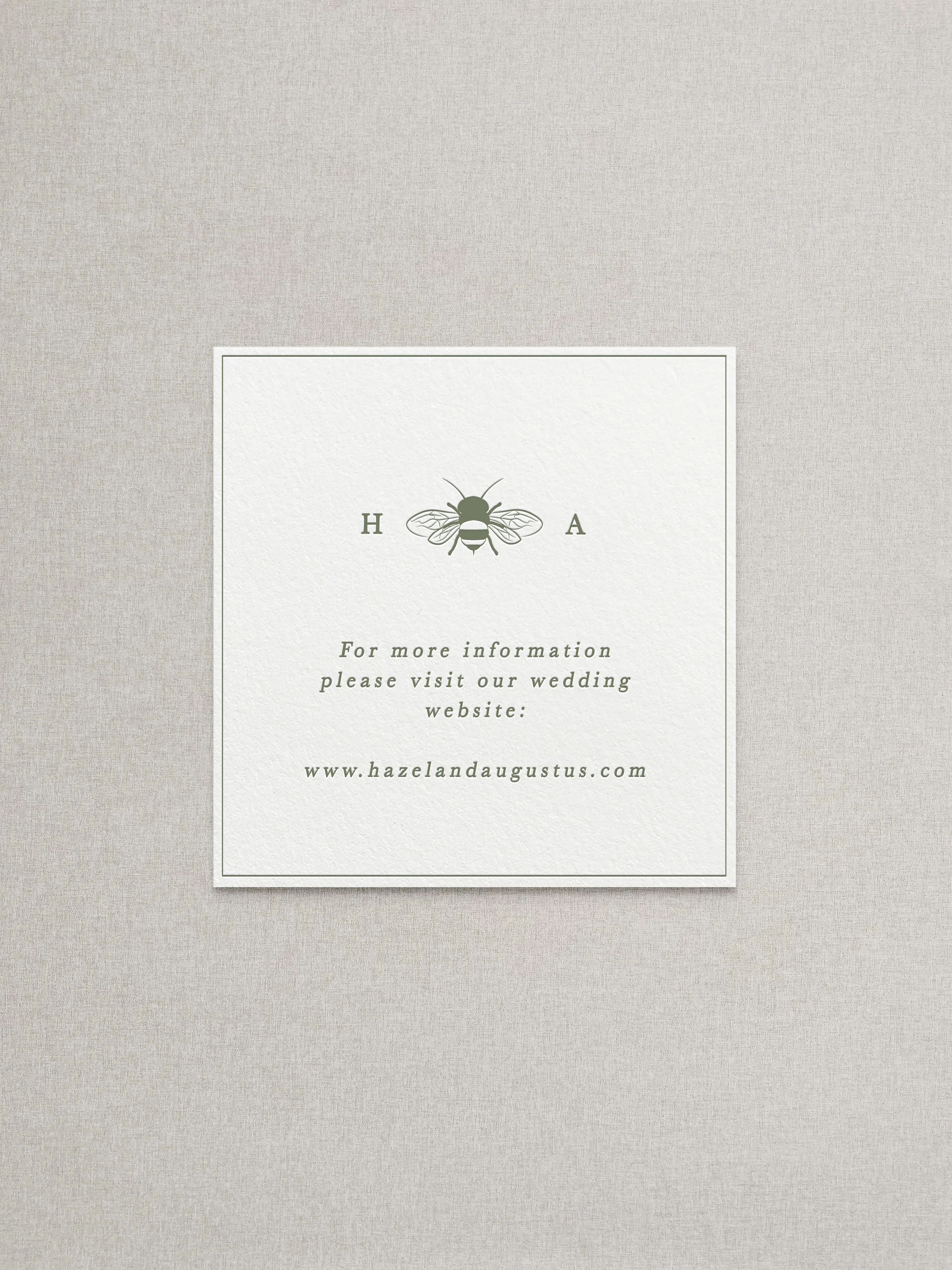Wedding invitation with a bee illustration, text for a website link, on a textured beige background.