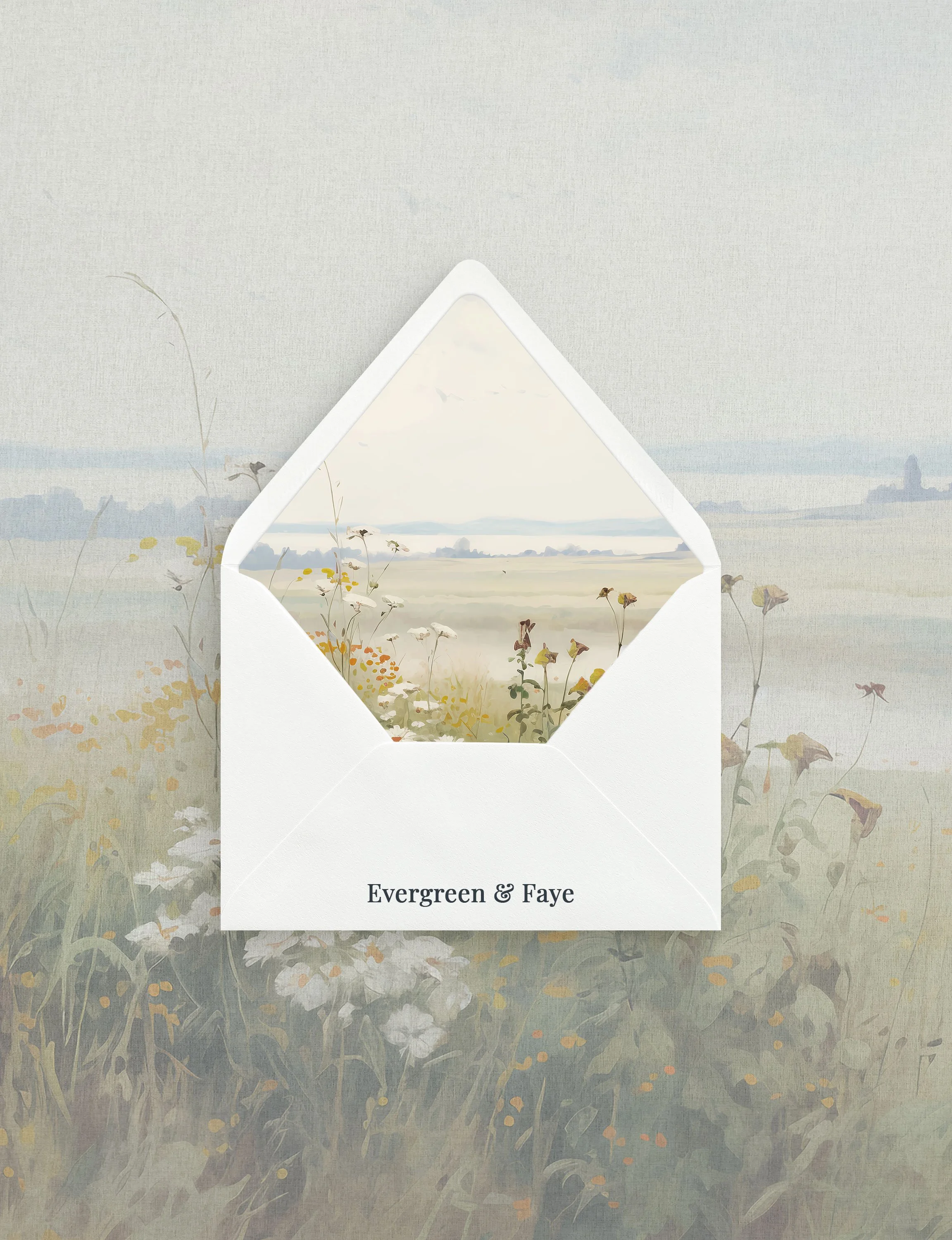 A white envelope with a flamingo pink interior, labeled "Evergreen & Faye," is set against a watercolor background of a field with wildflowers and a distant horizon.