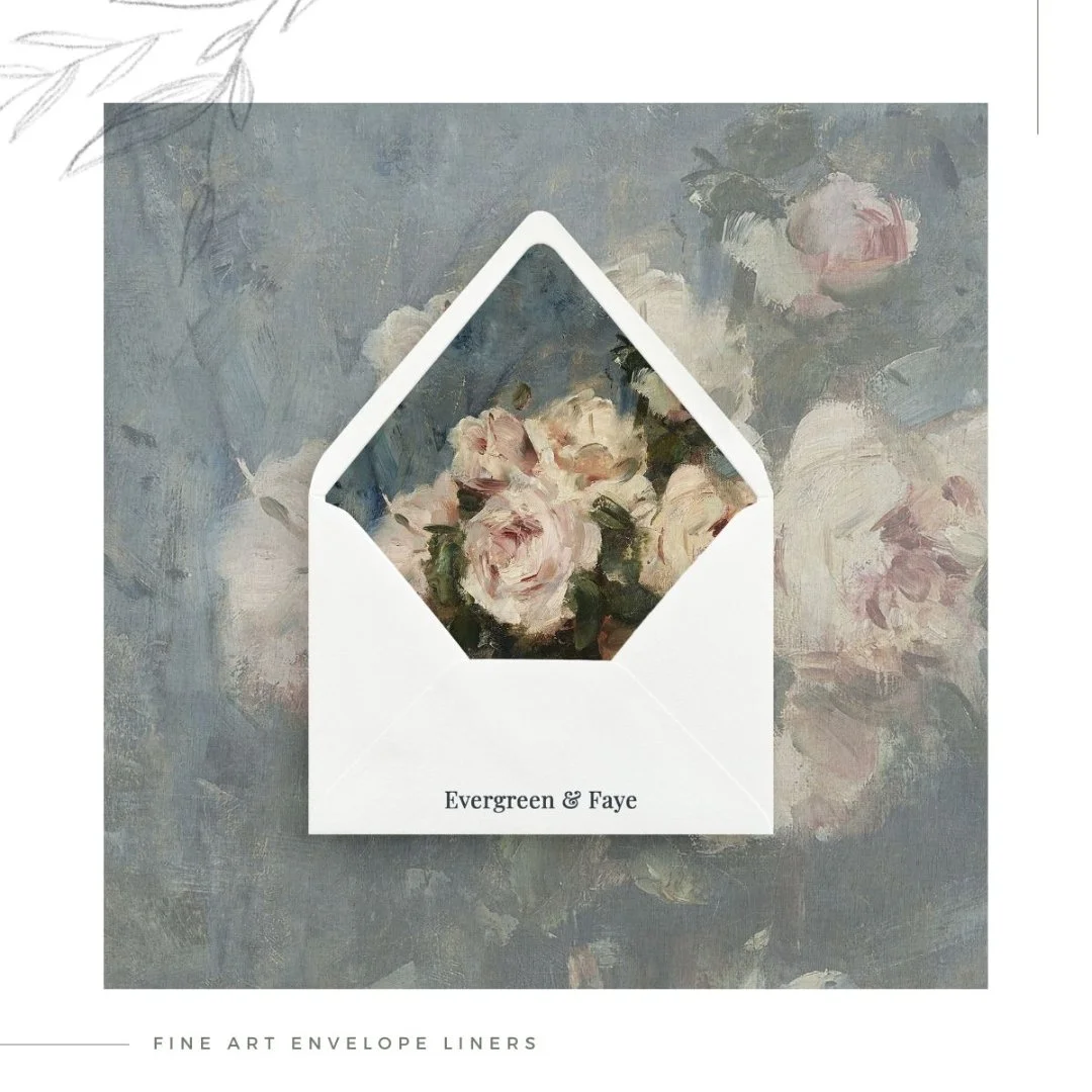 Soft, painterly, and impossibly romantic.
This fine art floral liner feels like an heirloom oil painting tucked inside your envelope adding depth, warmth, and a touch of old-world charm to your suite. A detail made for love stories with a little poet