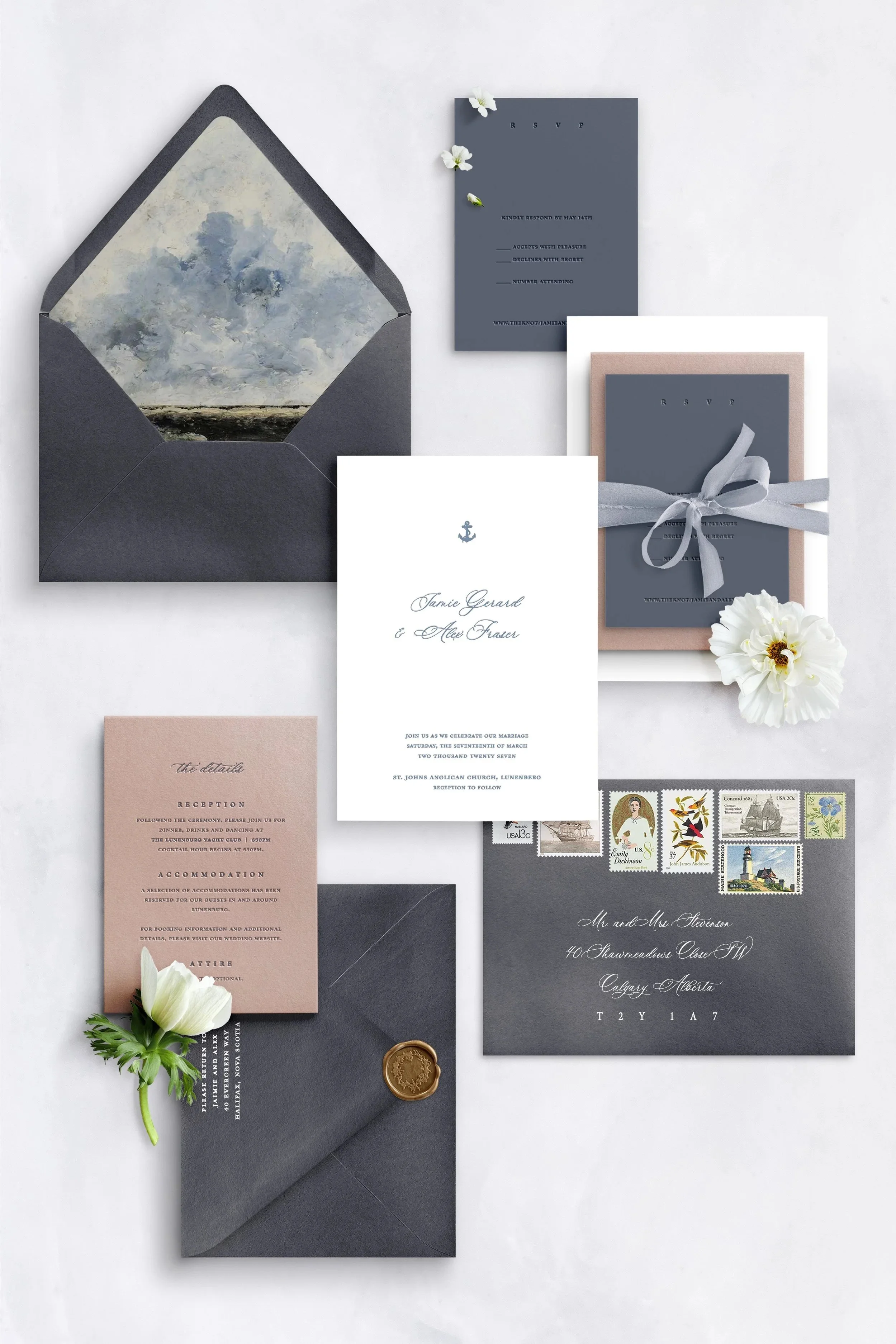Wedding invitation set with navy blue, white, and blush pink elements, including RSVP card, reception details, and address label, decorated with flowers and a wax seal, arranged on a white background.
