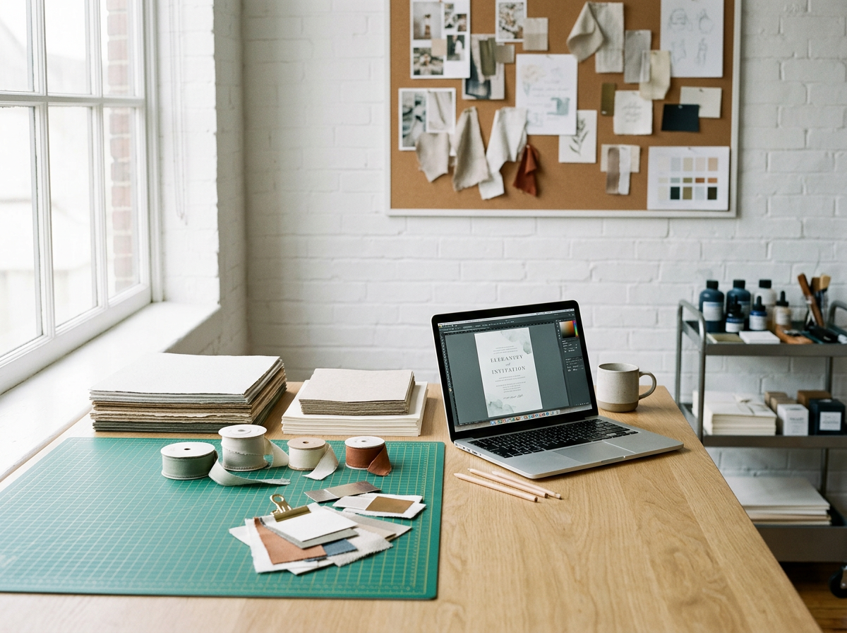 A workspace with an open laptop, stacks of paper, fabric swatches, spools of ribbon, and crafting supplies on a wooden desk. A corkboard with pinned designs and fabric samples is on a white brick wall.