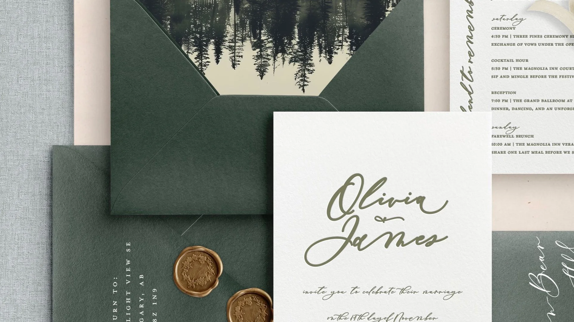 Wedding invitation suite featuring a white card with green calligraphy for the names Olivia James, an envelope with a forest scene seal, and a detailed itinerary of events, including ceremony, cocktail hour, reception, and brunch, with gold wax seals on the envelope.