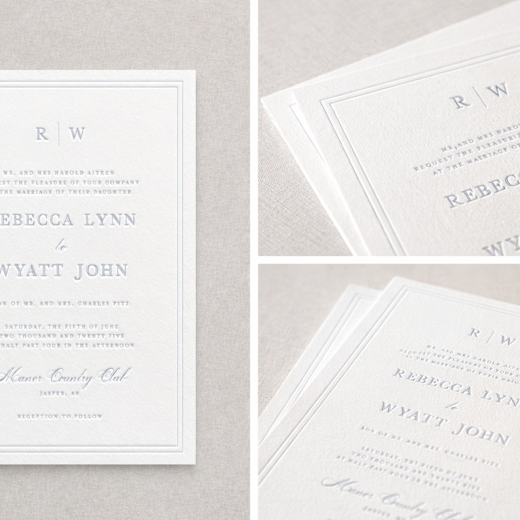 Close-up of elegant wedding invitation card with guest names Rebecca Lynn and Wyatt John, using light gray ink on textured white cardstock, laid on a neutral fabric surface.