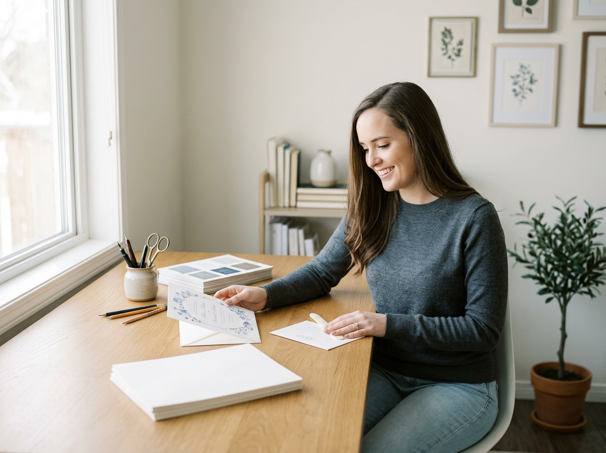 A woman with long brown hair sitting at a wooden desk, smiling while looking at a card in her hands. The desk has empty paper stacks, a pencil holder with scissors and pens, and printed documents. There is a window on the left and a bookshelf with books and decorative items behind her. A potted plant is on the floor to her right.
