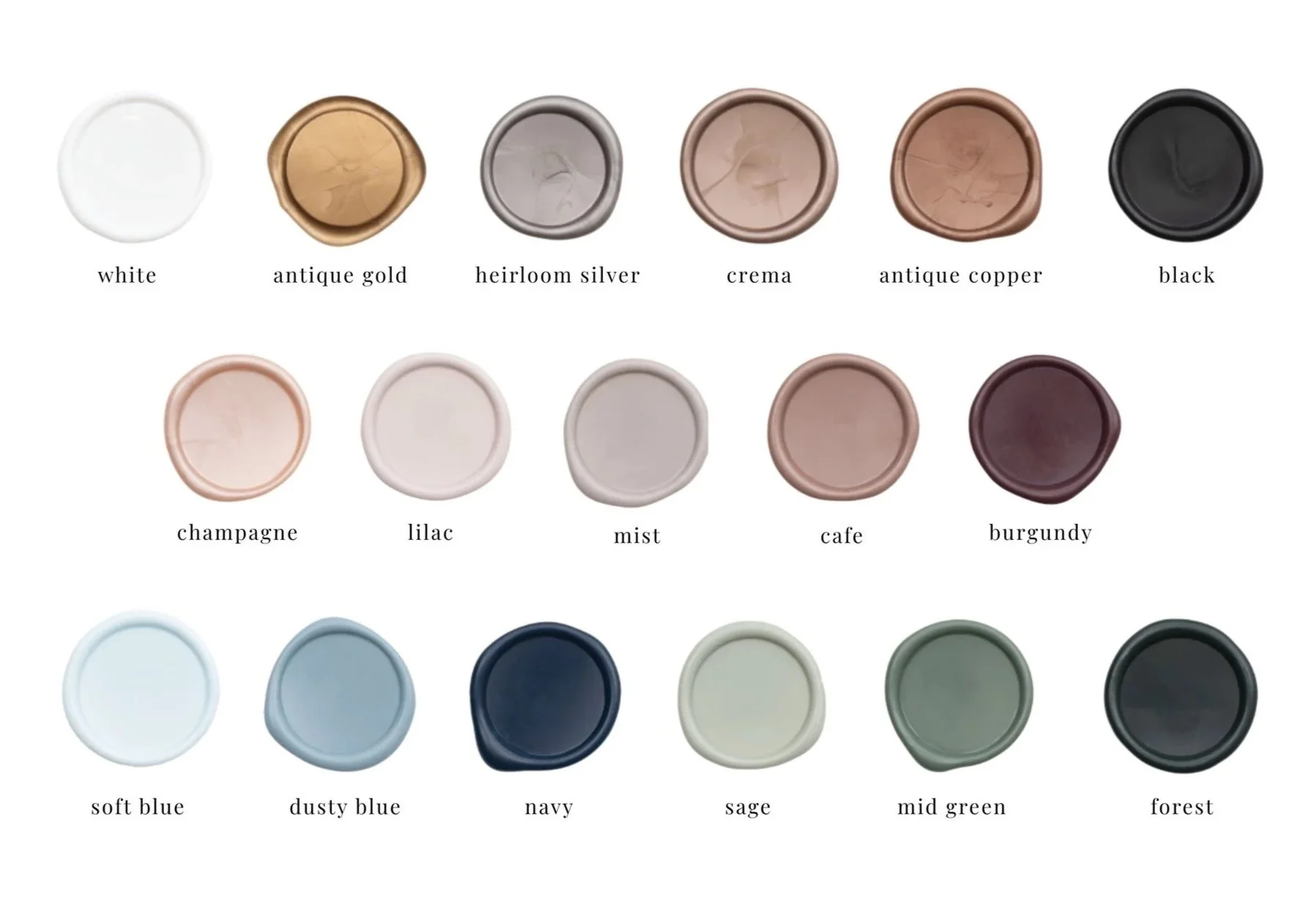 A color palette with 16 circular swatches arranged in four rows, each labeled with a descriptive name, including white, antique gold, heirloom silver, crema, antique copper, black, champagne, lilac, mist, cafe, burgundy, soft blue, dusty blue, navy, sage, mid green, and forest.