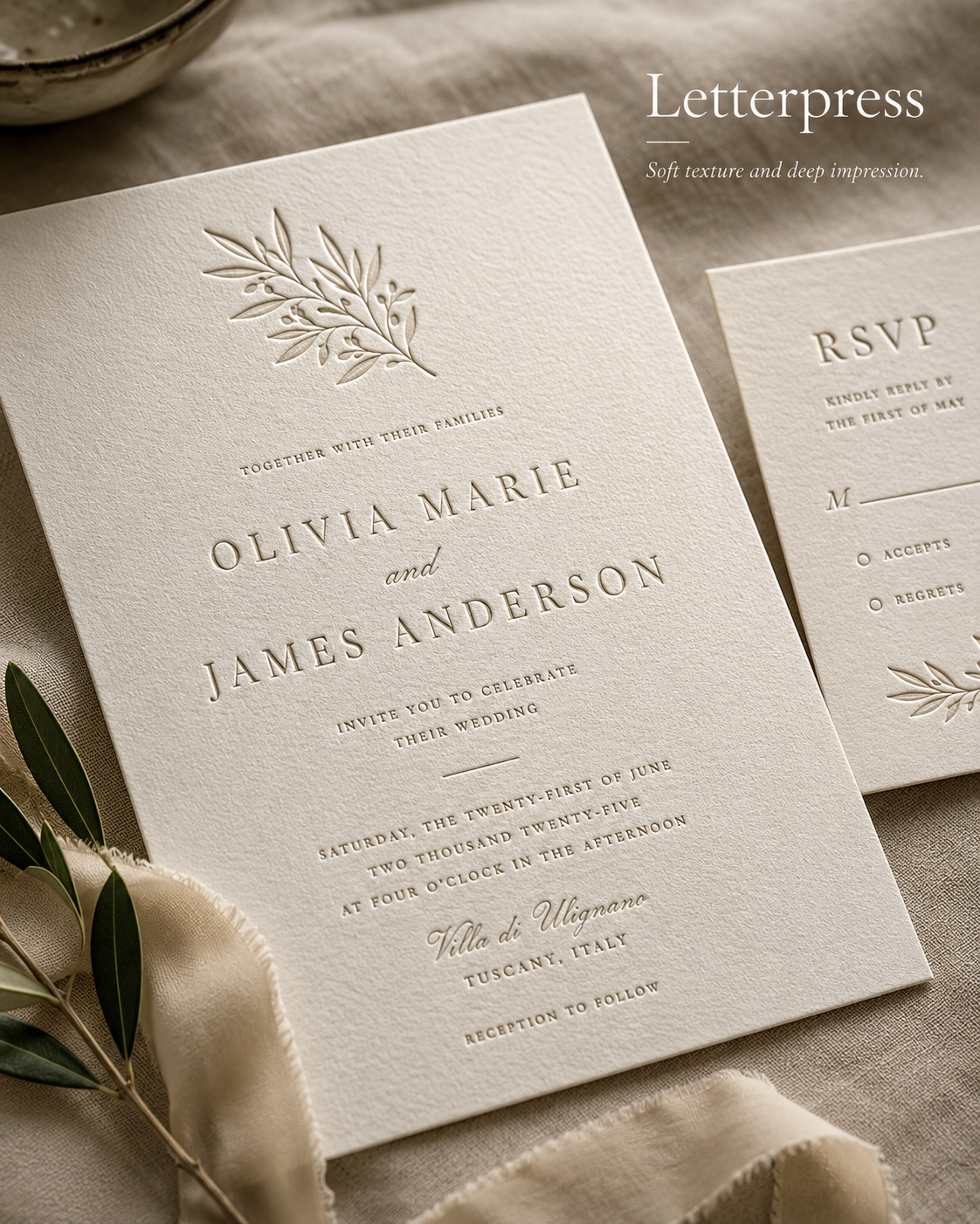 Elegant wedding invitation with embossed floral design, featuring names Olivia Marie and James Anderson, wedding details, and location in Tuscany, Italy.