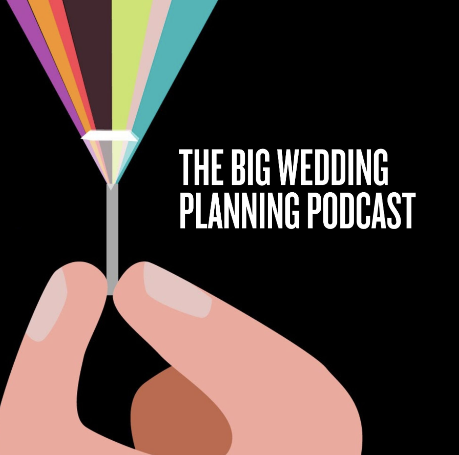 Illustration of two hands holding a safety pin with colorful streamers, alongside the text 'The Big Wedding Planning Podcast' on a black background.