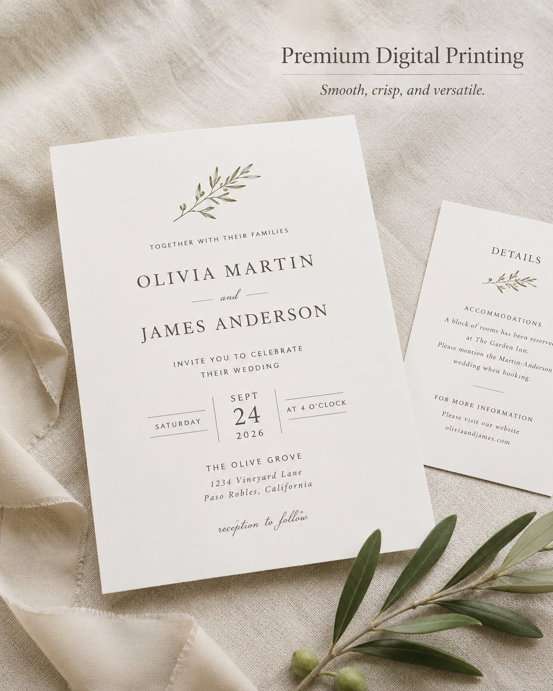 Wedding invitation with names Olivia Martin and James Anderson, date September 24, 2026, at The Olive Grove in Paso Robles, California.