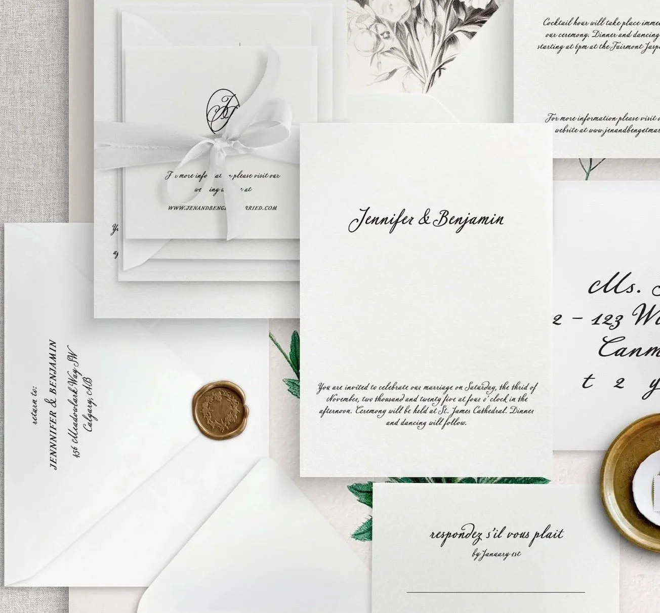 Wedding invitations and RSVP cards with elegant black script text, invitation to Jennifer and Benjamin's marriage, and a sealed envelope with a wax stamp on a light background.