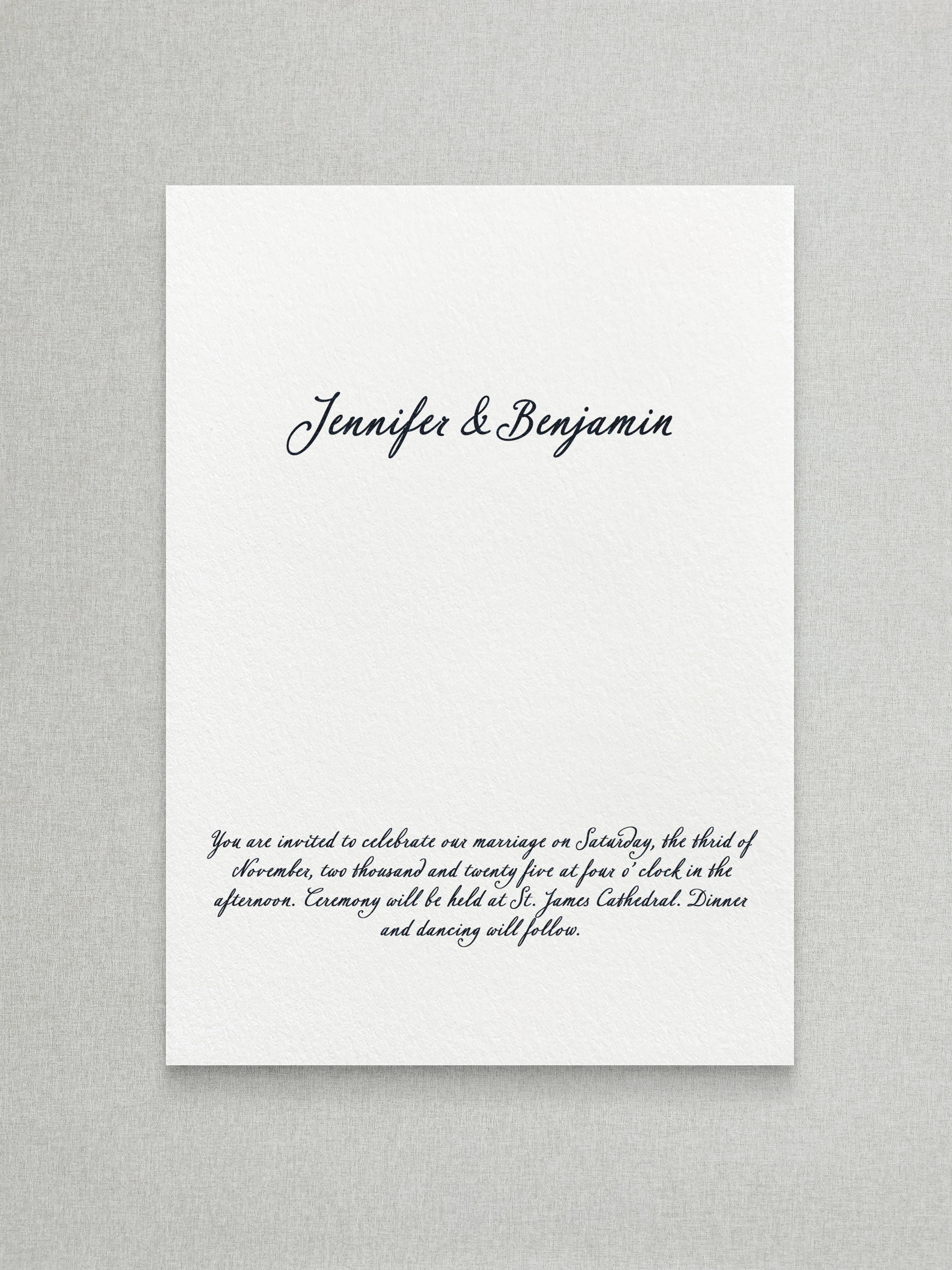 Wedding invitation card with names Jennifer and Benjamin and details of the event on a gray background