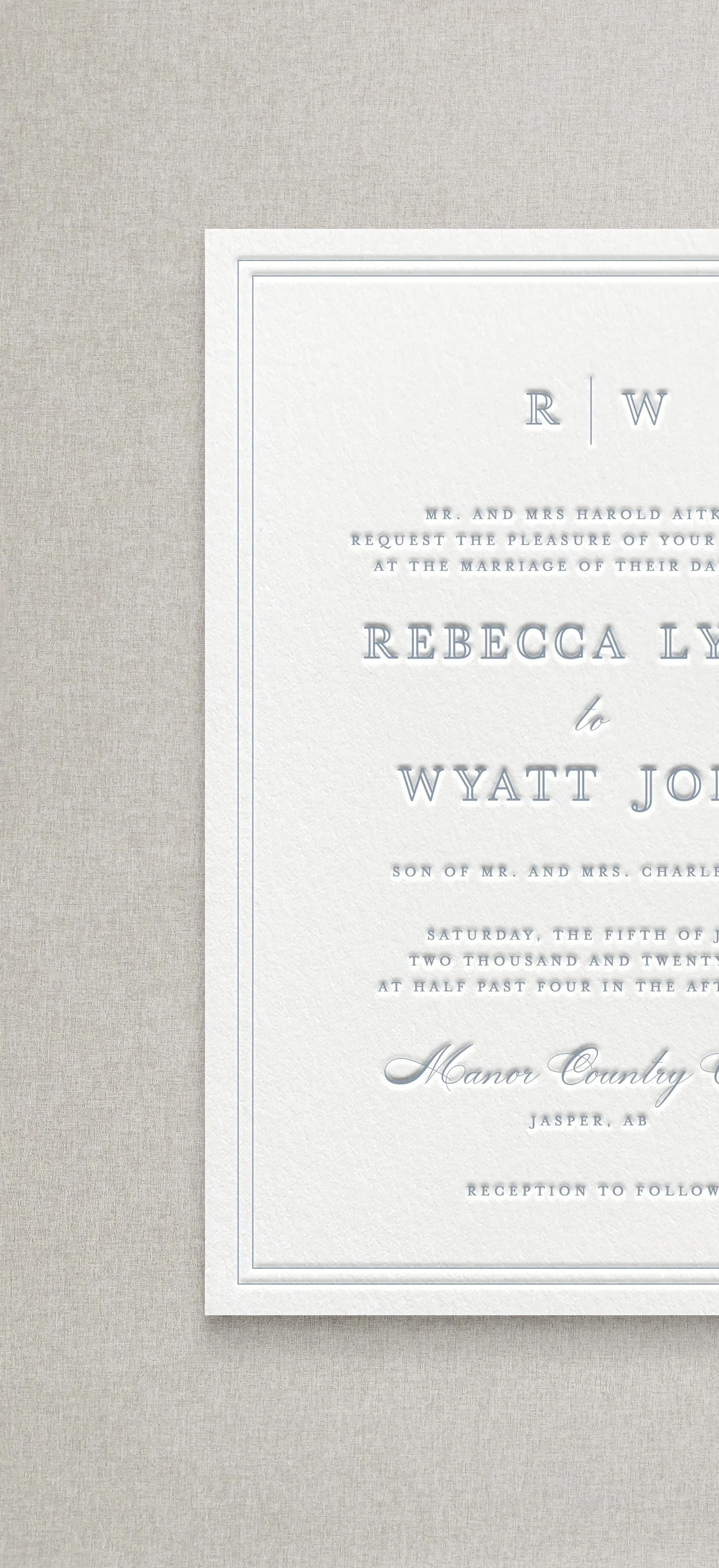 Elegant wedding invitation card on beige textured background with monogram initials, names, date, location, and reception details.