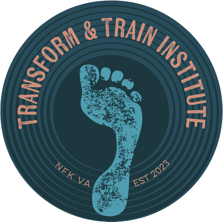 Logo featuring a stylized blue footprint on a dark circular background with text "Transform & Train Institute" around the edge. Additional text includes "NFK VA" and "EST 2023."