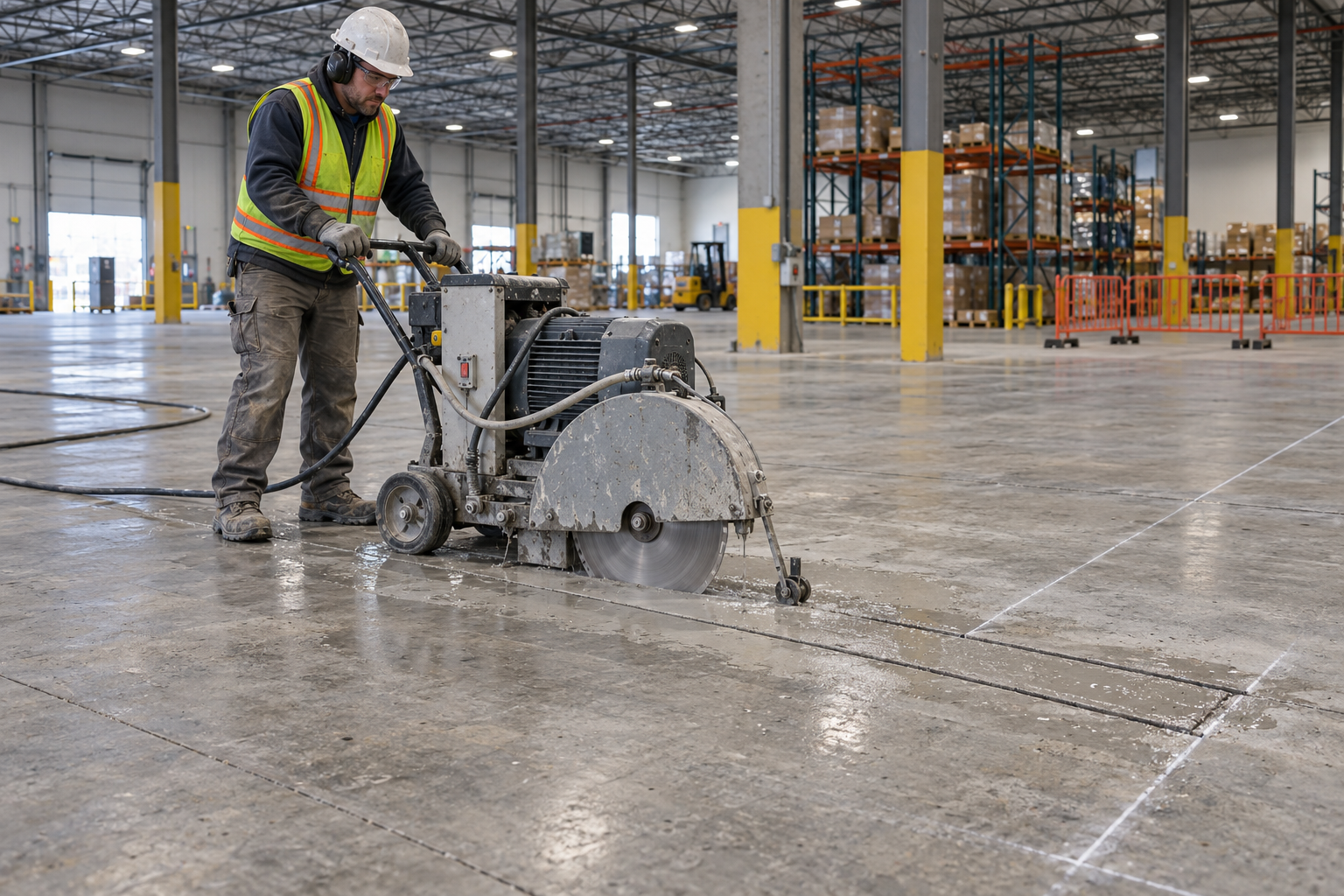 Warehouse floor being reconfigured with slab cutting
