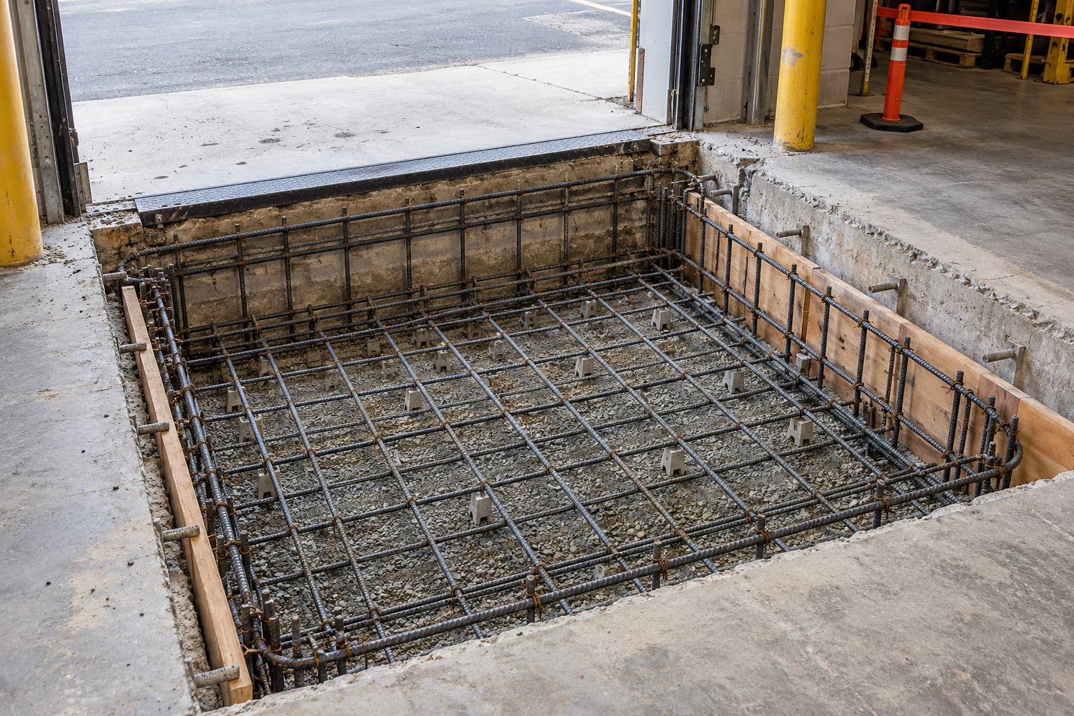 Excavated dock leveler pit with rebar reinforcement