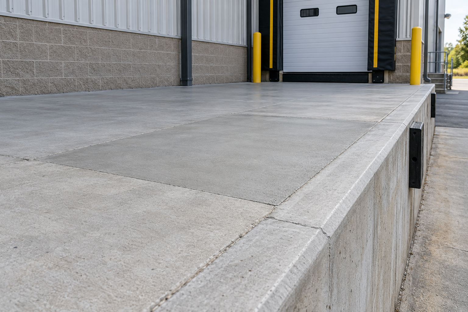 Repaired concrete loading dock floor and curb