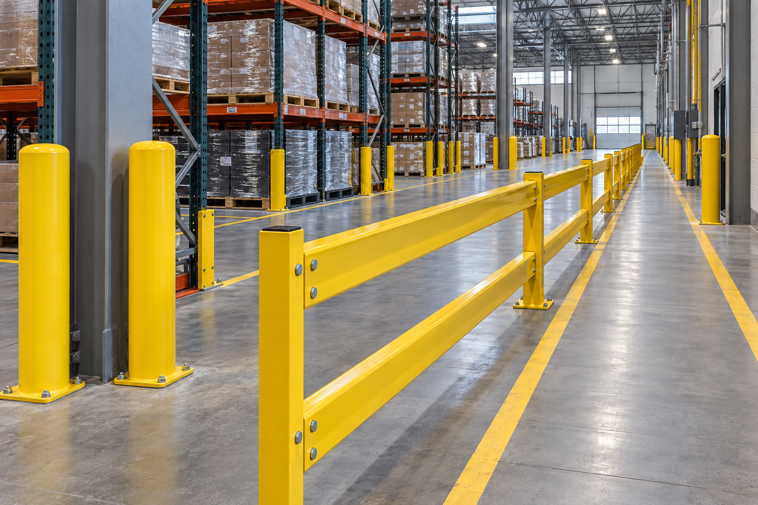 Steel guardrails and bollards in a warehouse aisle