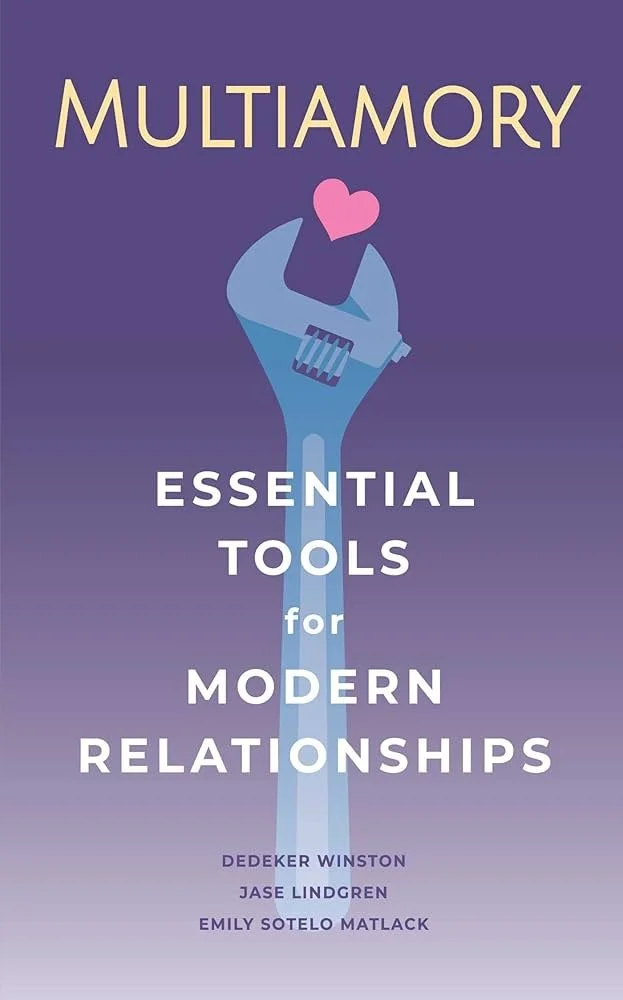 Book cover titled 'Multiamory: Essential Tools for Modern Relationships'. Features a large wrench with a pink heart at the top.