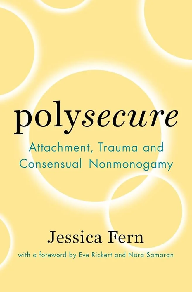 Book cover titled "Polysecure: Attachment, Trauma and Consensual Nonmonogamy" by Jessica Fern, with a yellow background and large white and pale yellow circles.