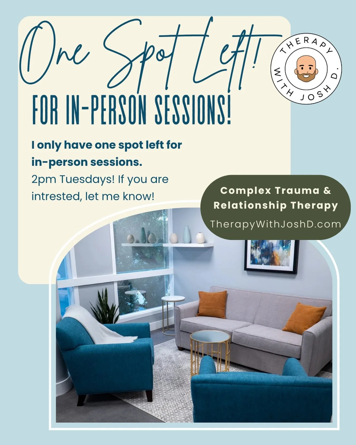 Only one in-person therapy session slot left! If you&rsquo;re interested in starting therapy, prefer in-person sessions, and want support navigating relationships, reach out!

The available session time is Tuesdays at 2 PM on E. Broward Boulevard in 