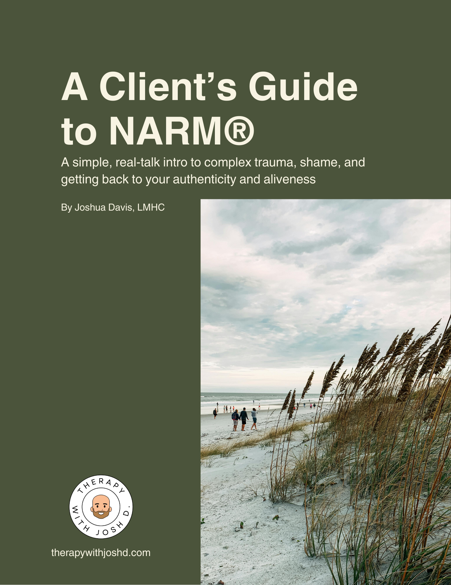 Book cover titled "A Client's Guide to NARM®," with a subtitle about trauma and authenticity, written by Joshua Davis. The cover features a photo of a beach with sand dunes and tall grasses, some people walking near the water under cloudy skies.