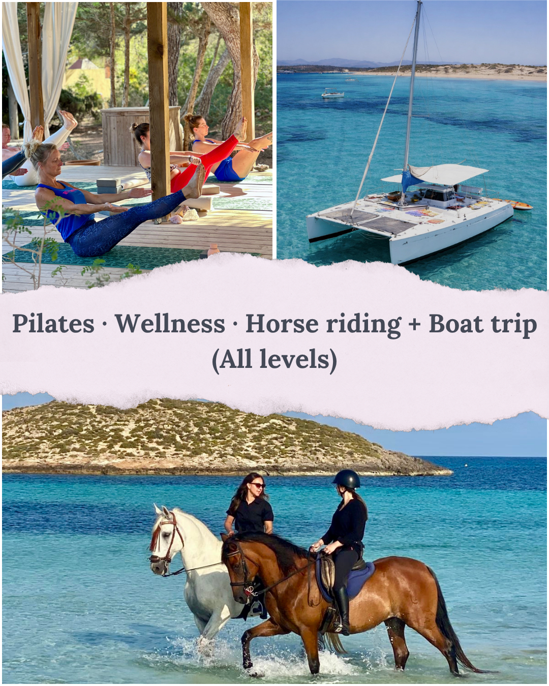People practicing yoga outdoors, sailing on a boat, and horseback riding on the beach.