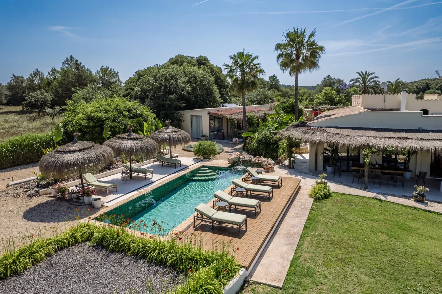 A backyard with a swimming pool, lounge chairs, straw umbrellas, surrounded by lush greenery, trees, and a house, under a clear blue sky.