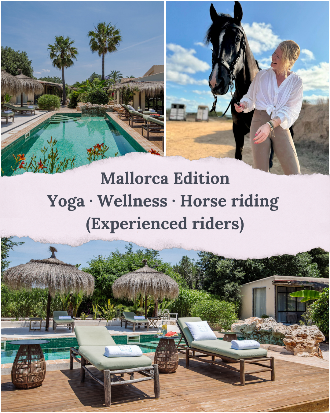 A promotional flyer for Mallorca Edition featuring images of a swimming pool surrounded by lounging chairs and straw umbrellas, a woman on horseback in a sandy area, and a poolside scene with sun loungers, umbrellas, and greenery.
