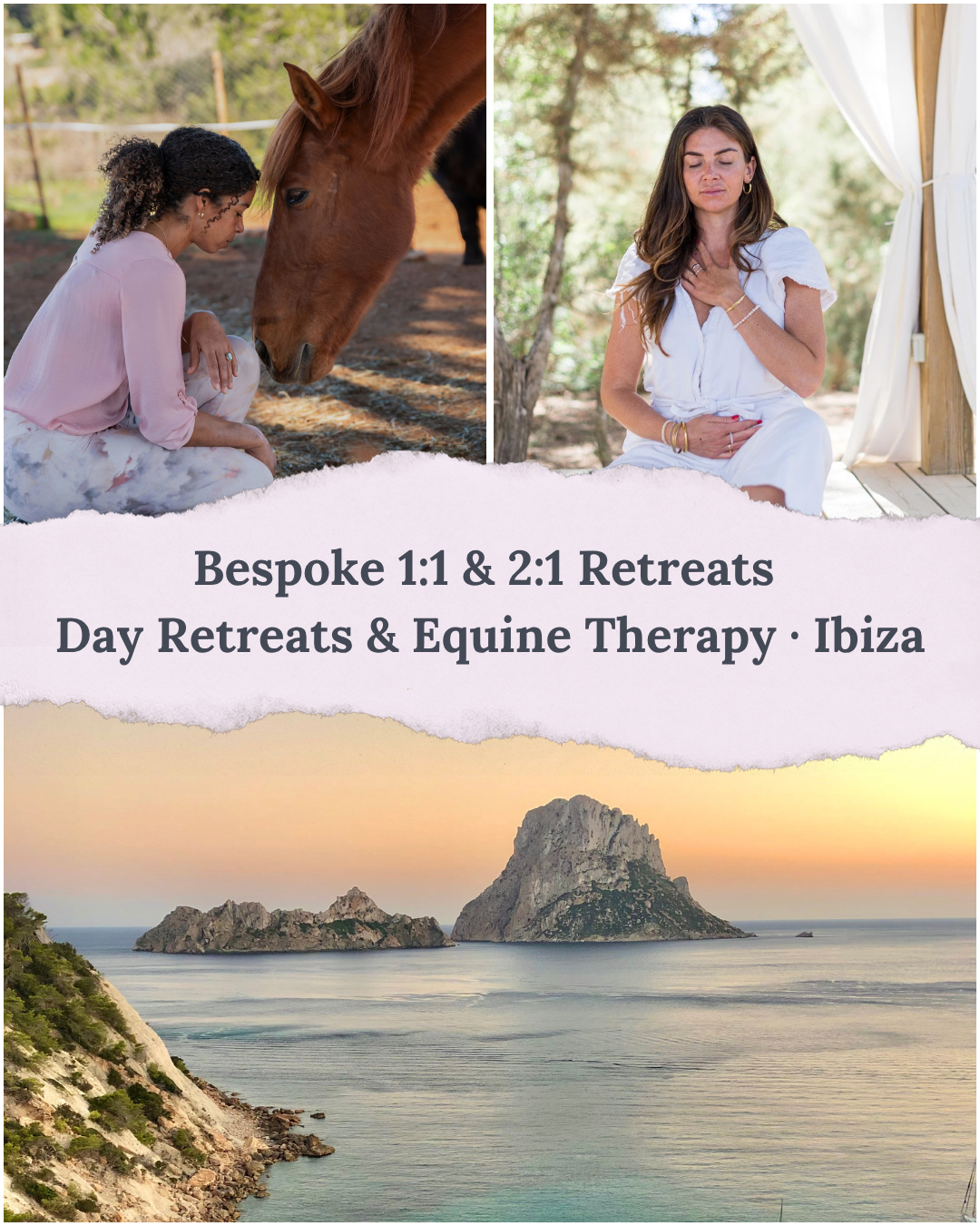 A promotional flyer for bespoke horse and wellness retreats in Ibiza featuring images of women meditating with a horse and relaxing outdoors, and a scenic ocean view with rocky islands at sunset.