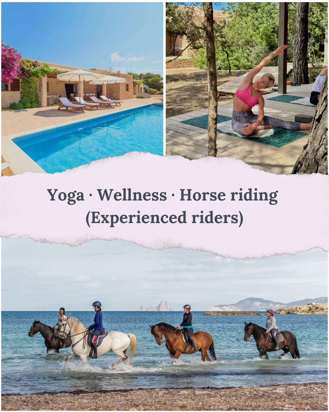 A resort with a swimming pool and a woman practicing yoga outdoors surrounded by trees, along with people horseback riding on the beach, promoting yoga, wellness, and horse riding experiences for experienced riders.