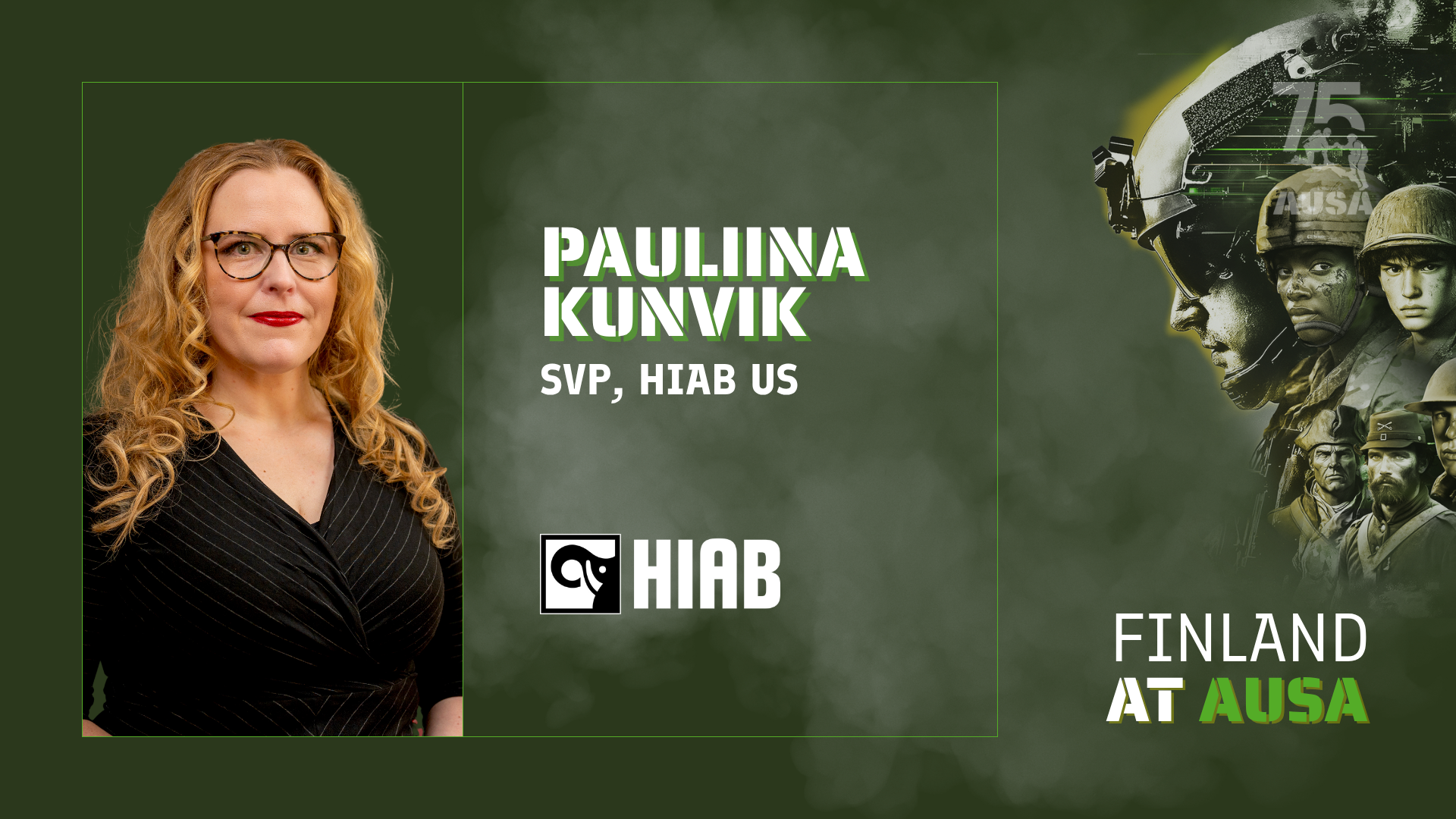 A professional headshot of a woman with blonde curly hair, glasses, wearing a black pinstripe dress, on the left side of a graphic that features military soldiers and text about Finland at AUSIA, with logos and green background elements.