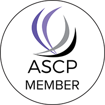 ASCP Member logo with purple and gray abstract shapes and text