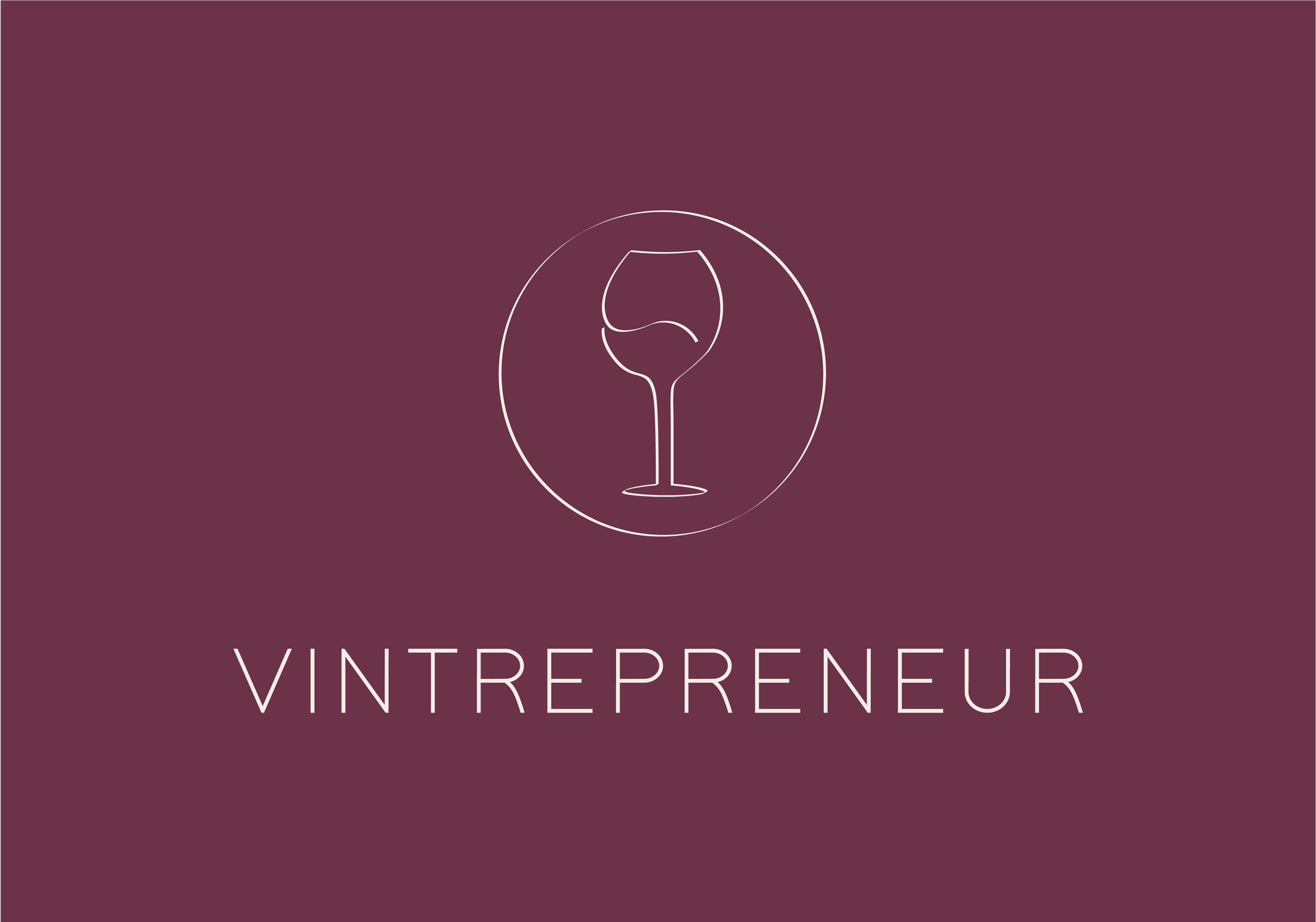 Een eenvoudige, minimalistische afbeelding met een wijn glas in een cirkel en de tekst 'VINTREPRENEUR' eronder op een paarse achtergrond.