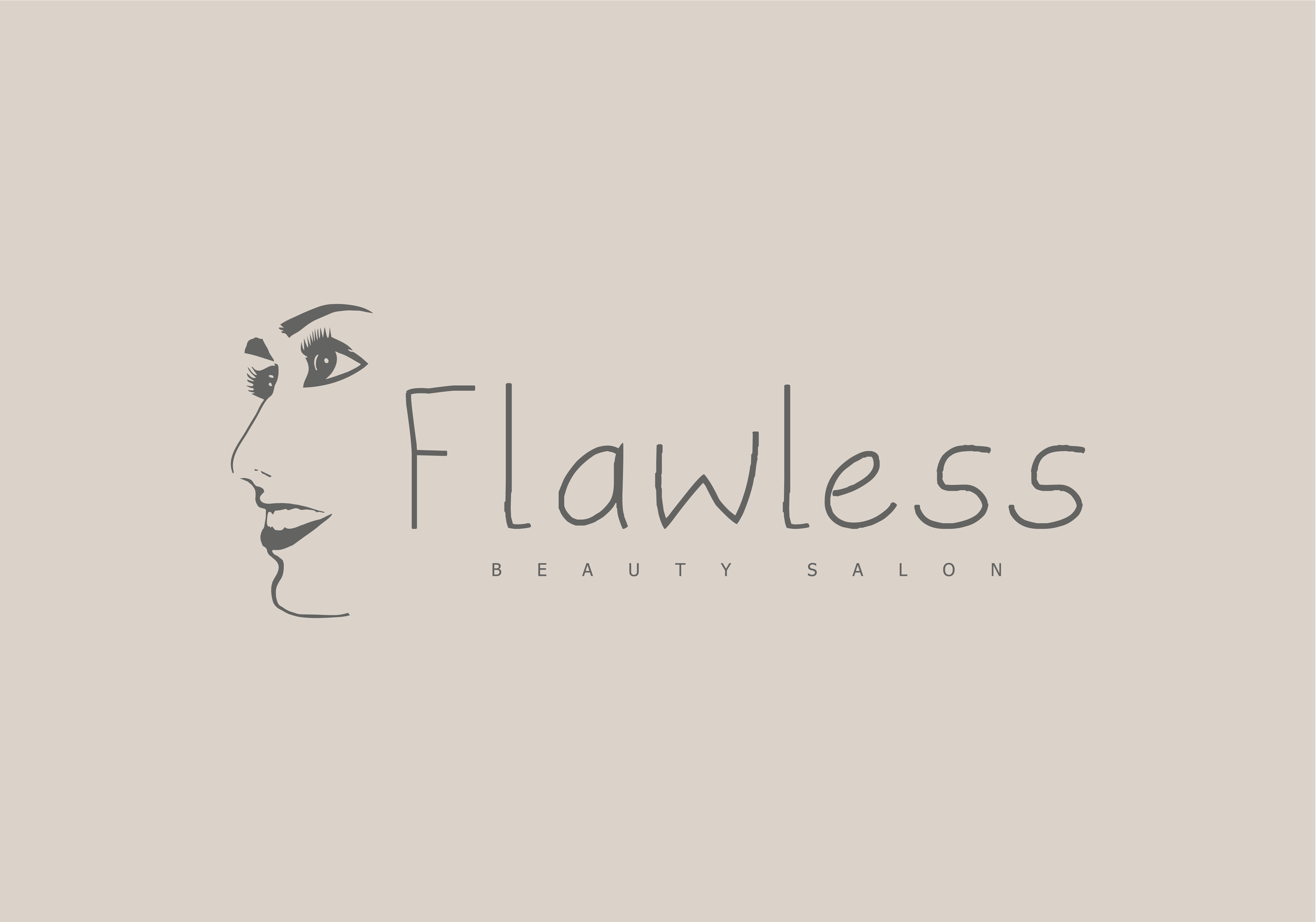 Logo voor een schoonheidsalon met de naam 'Flawless', inclusief een lijntekening van een vrouwelijk gezicht in profiel en de tekst 'BEAUTY SALON' eronder.
