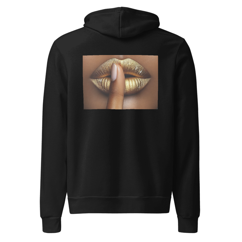 Golden Lips Graphic Hoodie — "Shh" Finger Silhouette Streetwear